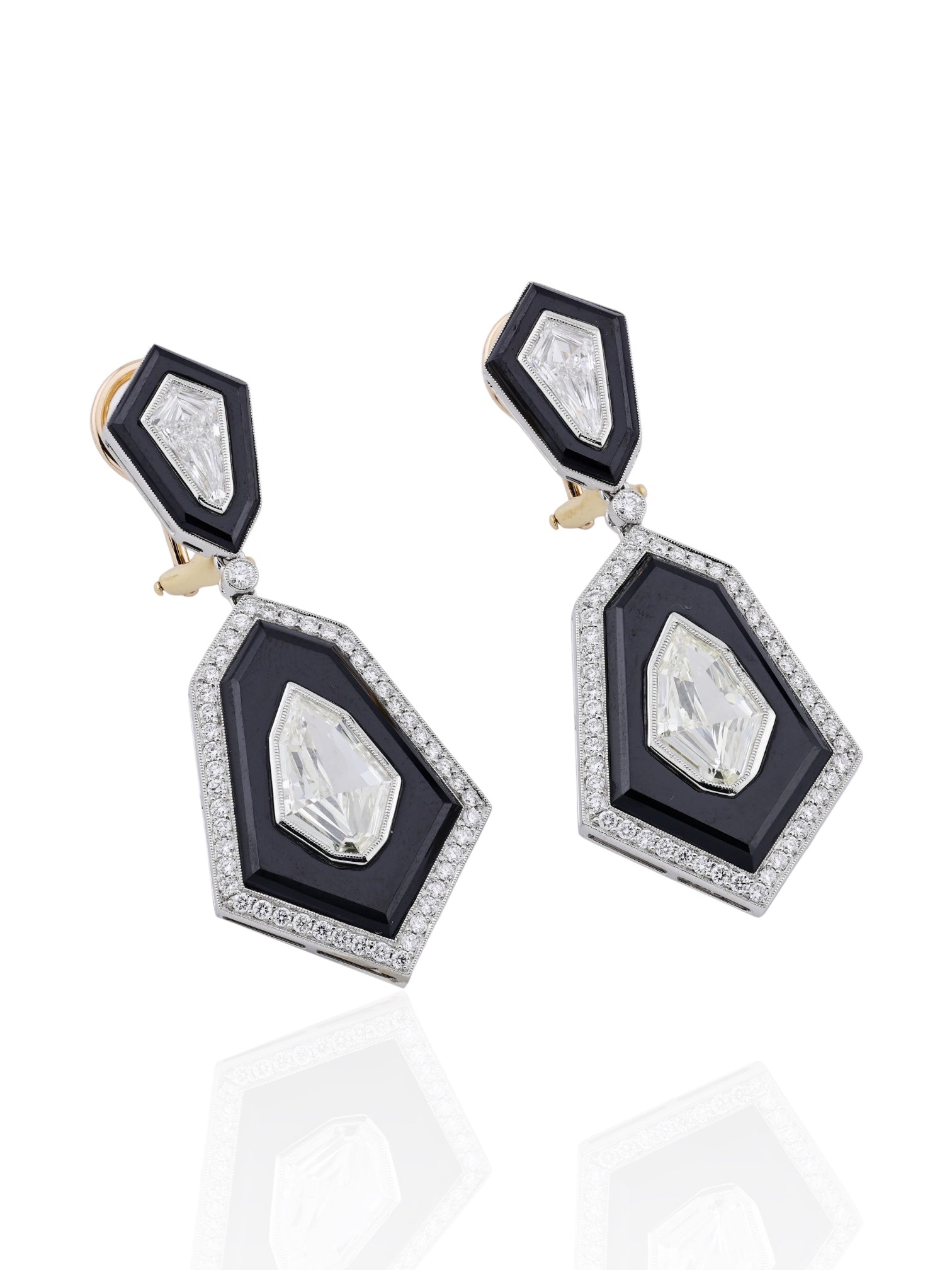 Sophia D Art Deco Onyx and Modified Pear Shape Diamond Drop Earrings Platinum & 18K Yellow Gold