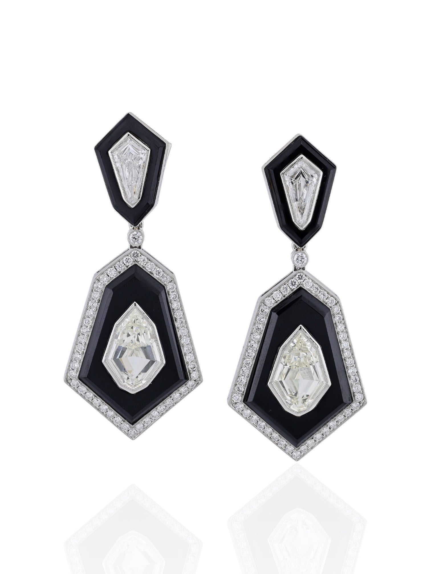 Sophia D Art Deco Onyx and Modified Pear Shape Diamond Drop Earrings Platinum & 18K Yellow Gold