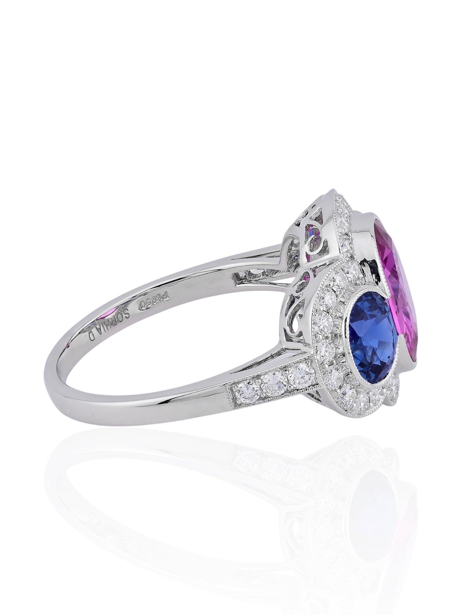 Sophia D Art Deco No Heat Pink Sapphire, Sapphire and Diamond Ring Platinum