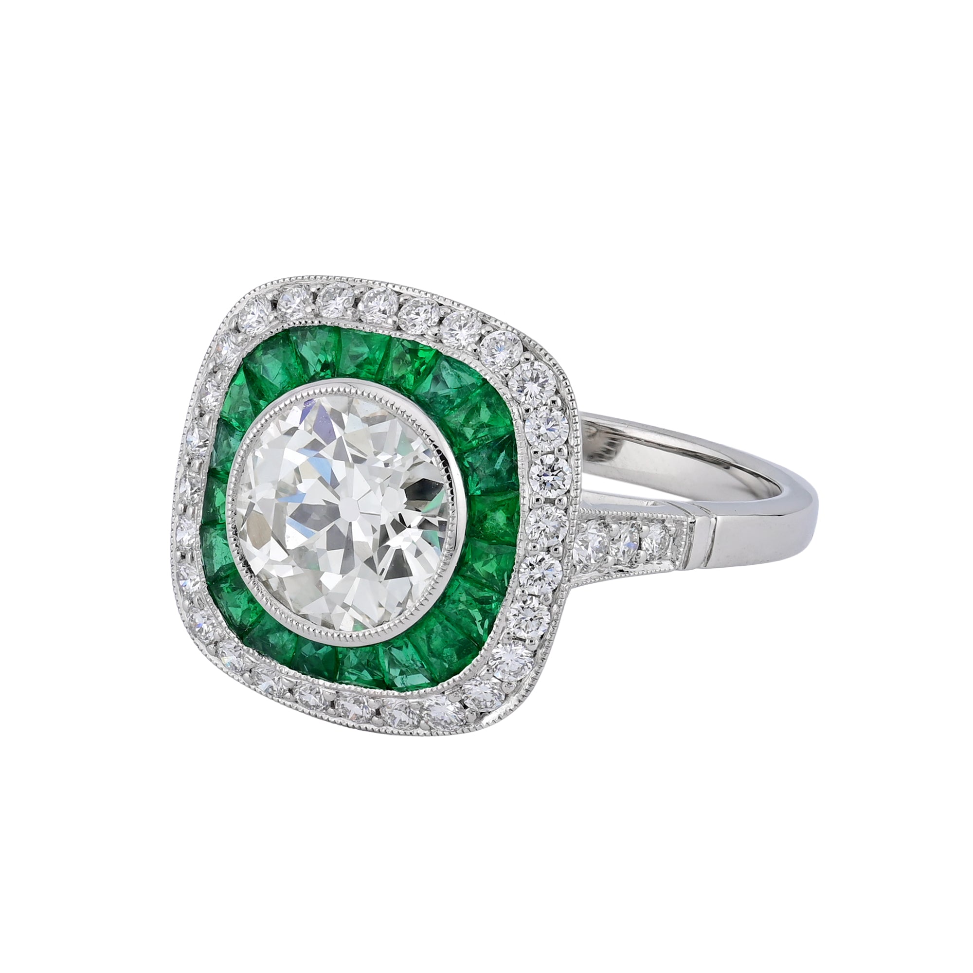 Sophia D Art Deco Old European Cut Diamond and Emerald Ring Platinum