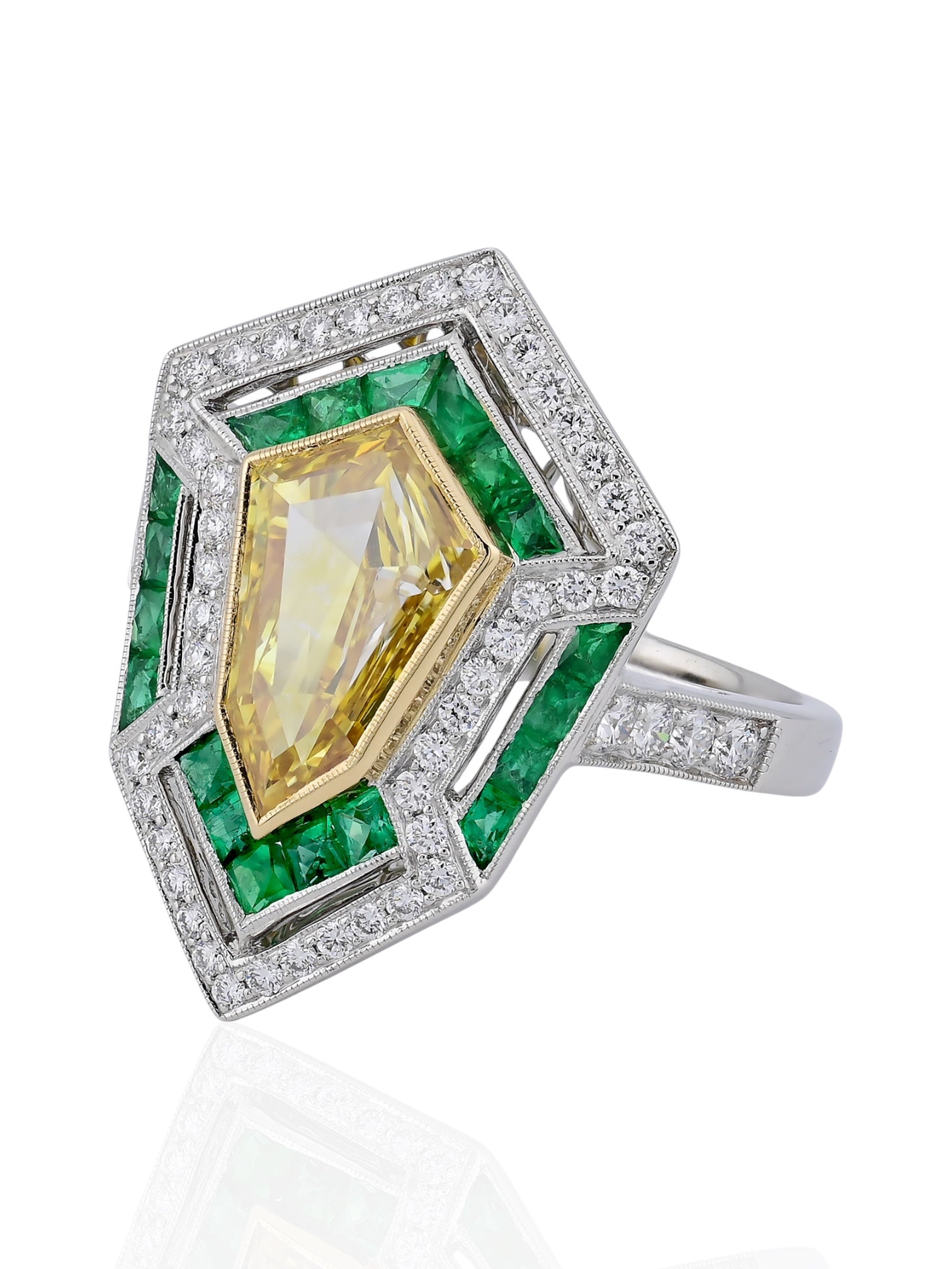 Sophia D Art Deco Kite Cut Fancy Yellow Diamond Ring Platinum & 18K Yellow Gold