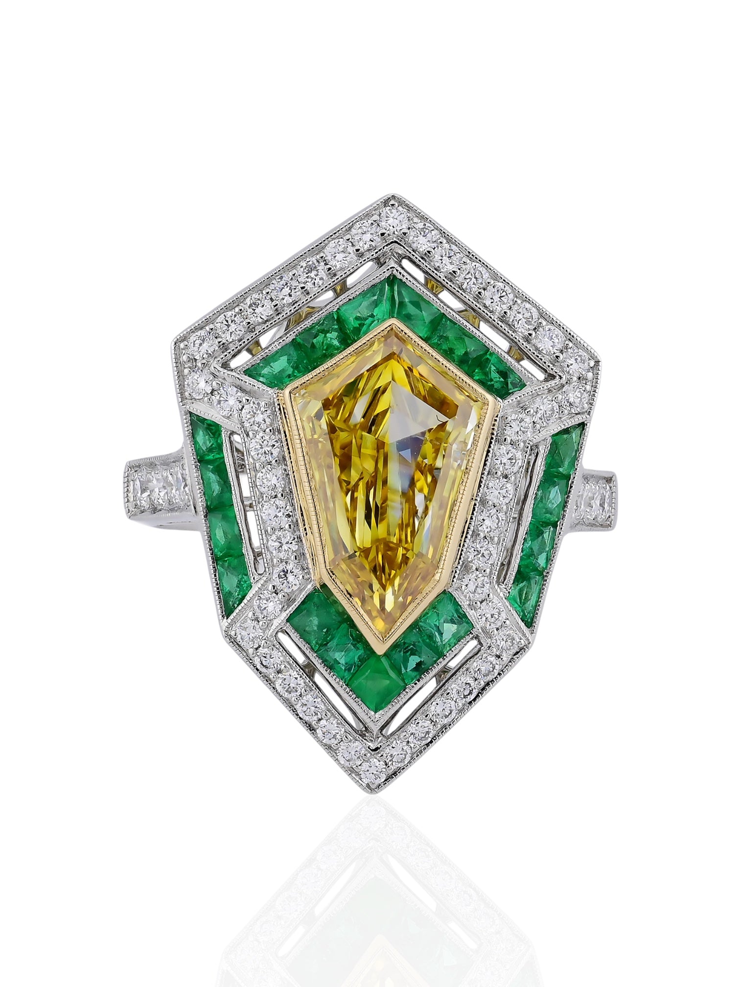 Sophia D Art Deco Kite Cut Fancy Yellow Diamond Ring Platinum & 18K Yellow Gold