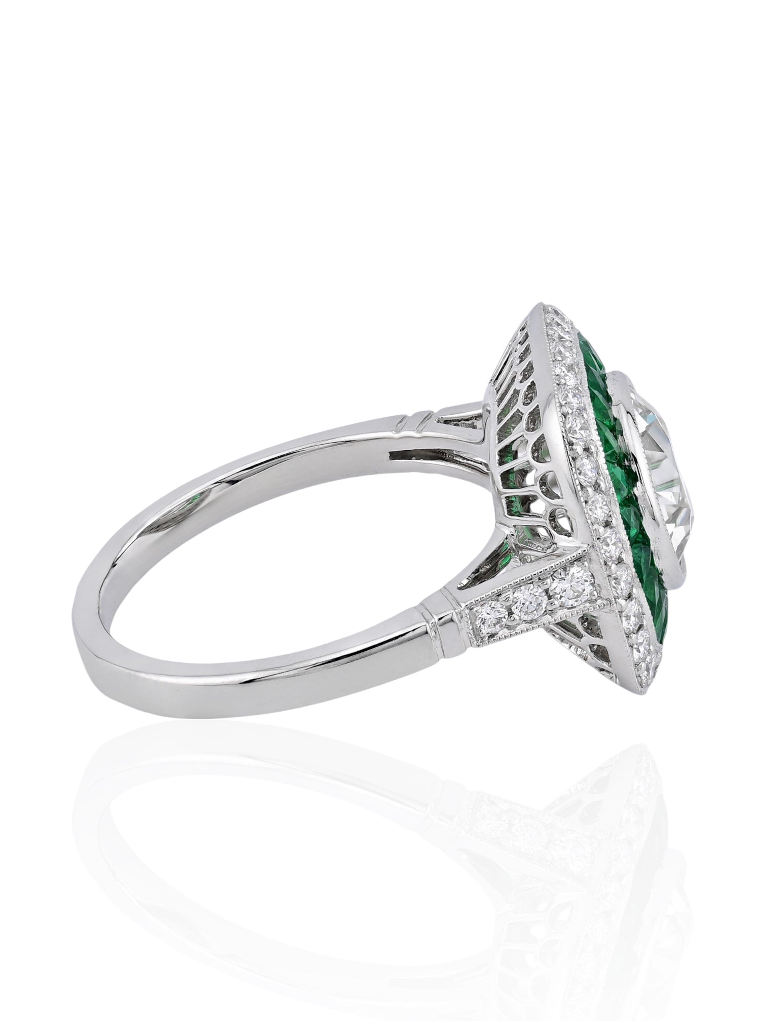 Sophia D Art Deco Old European Cut Diamond and Emerald Ring Platinum