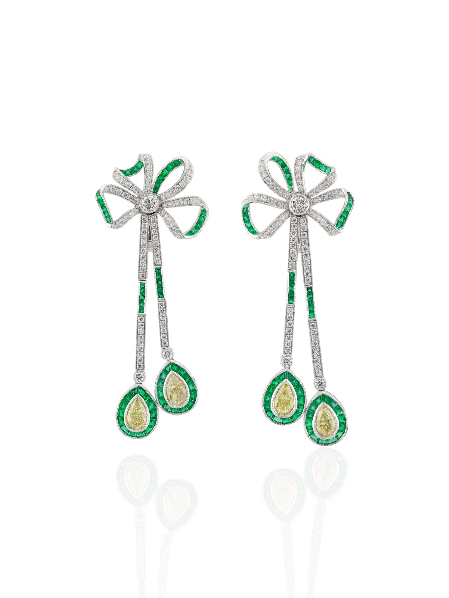 Sophia D Art Deco Yellow Diamond, Emerald, and Diamond Bow Earrings