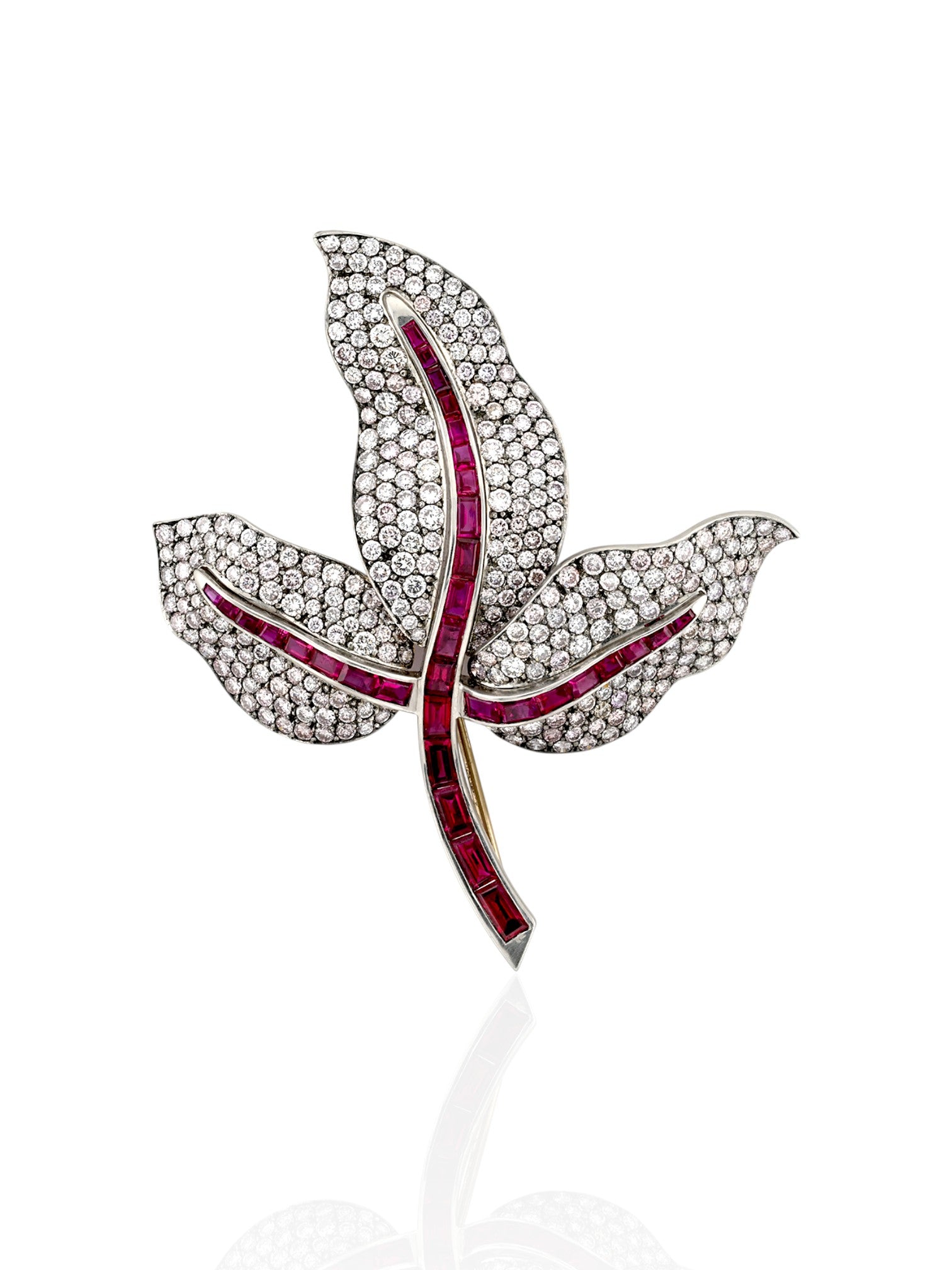 Ruby and Diamond Leaf Brooch in Platinum