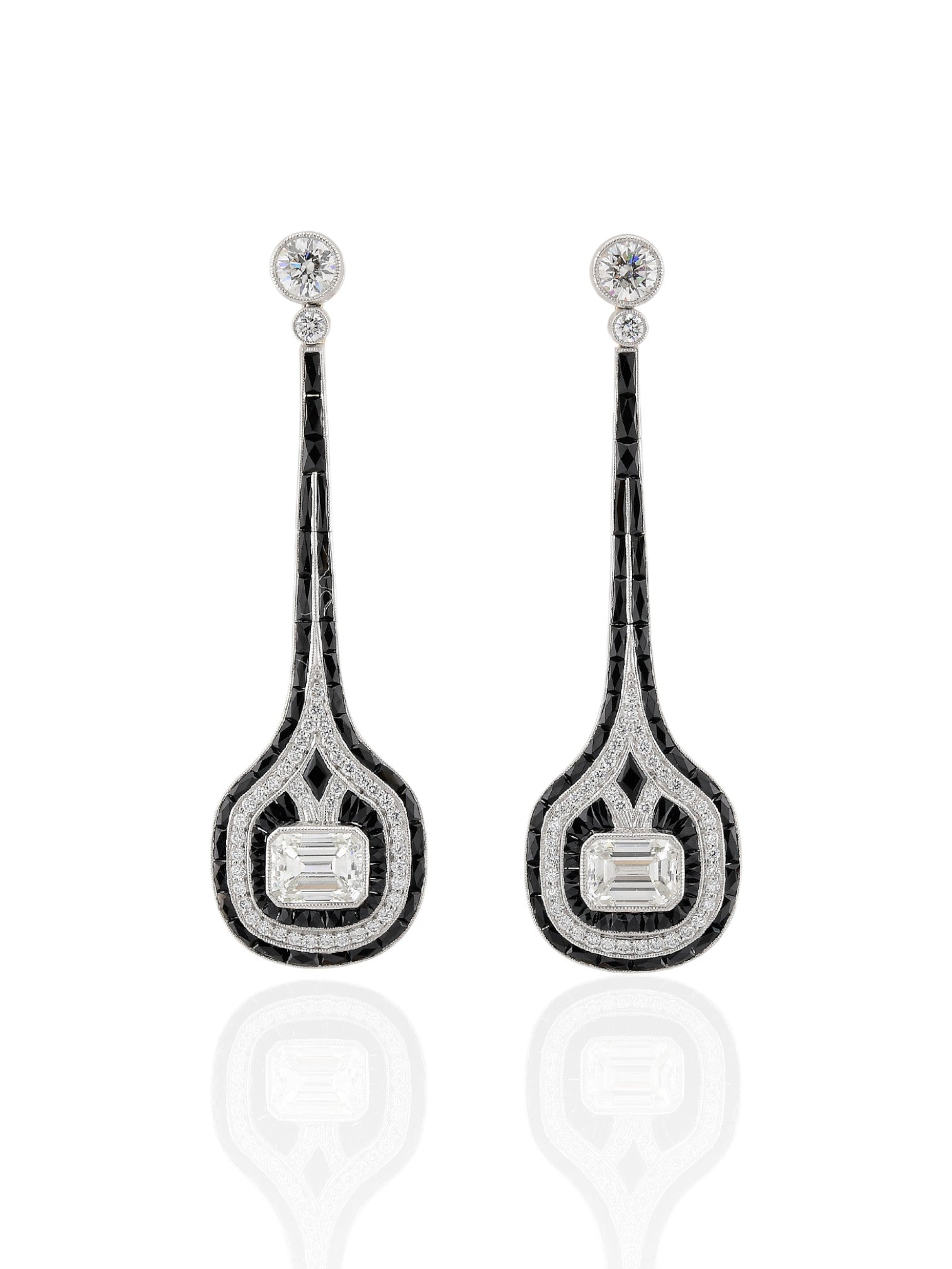 Sophia D Art Deco Emerald Cut Diamond and Onyx Drop Earrings in Platinum