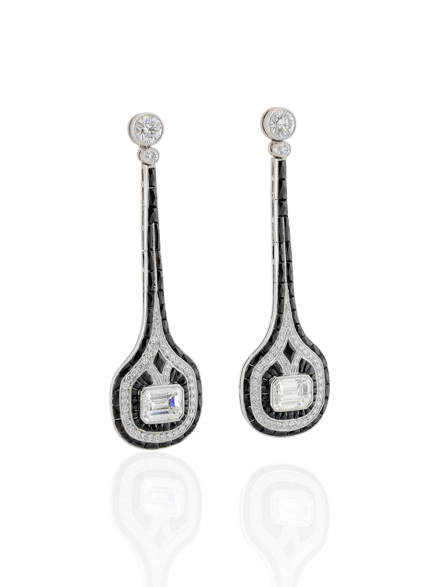 Sophia D Art Deco Emerald Cut Diamond and Onyx Drop Earrings in Platinum