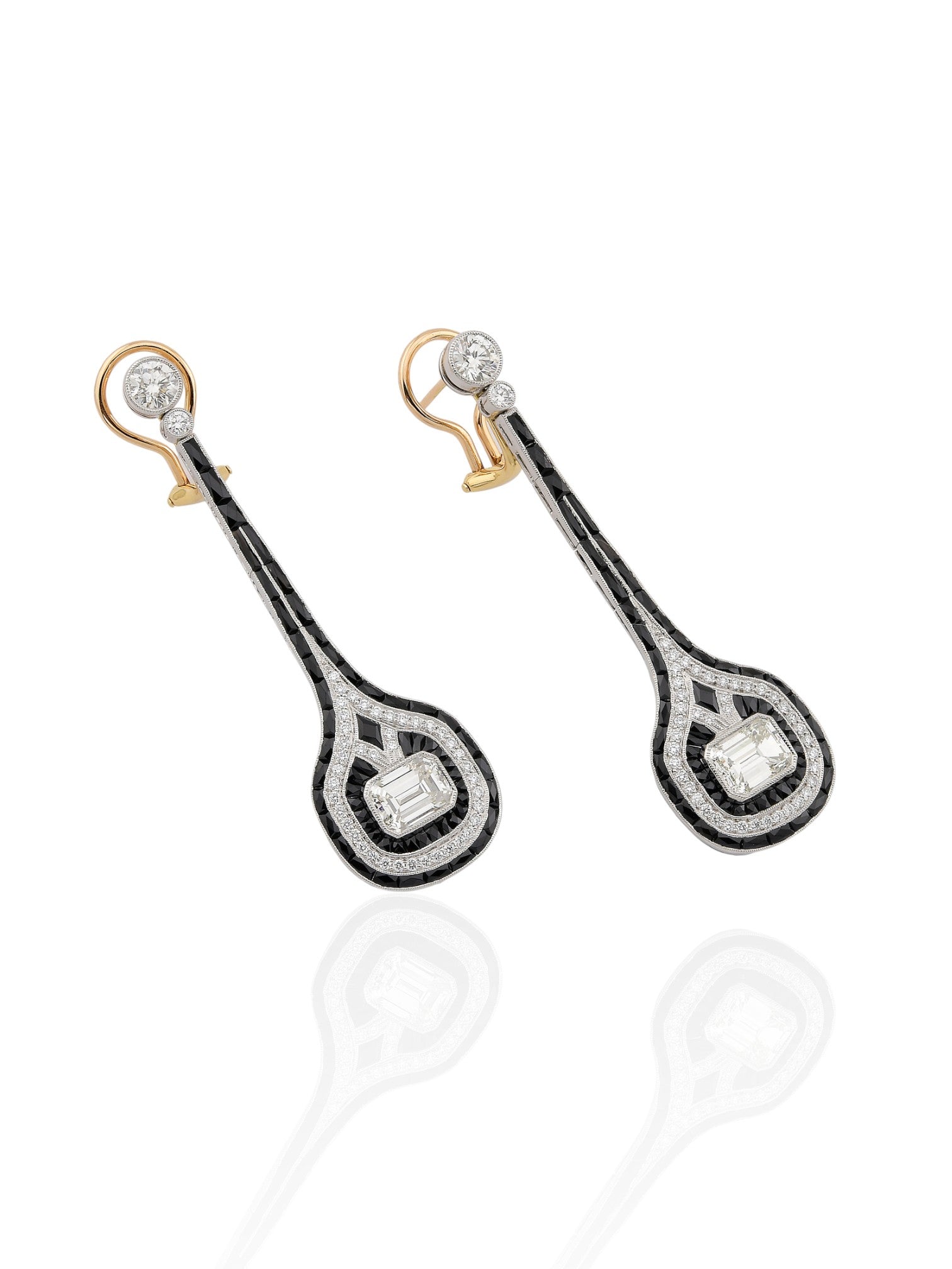 Sophia D Art Deco Emerald Cut Diamond and Onyx Drop Earrings in Platinum