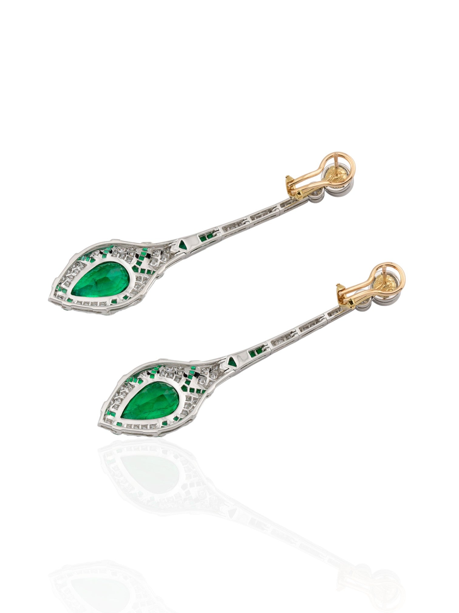 Sophia D Art Deco Pear Shaped Emerald and Diamond Drop Earrings in Platinum and 18K Yellow Gold