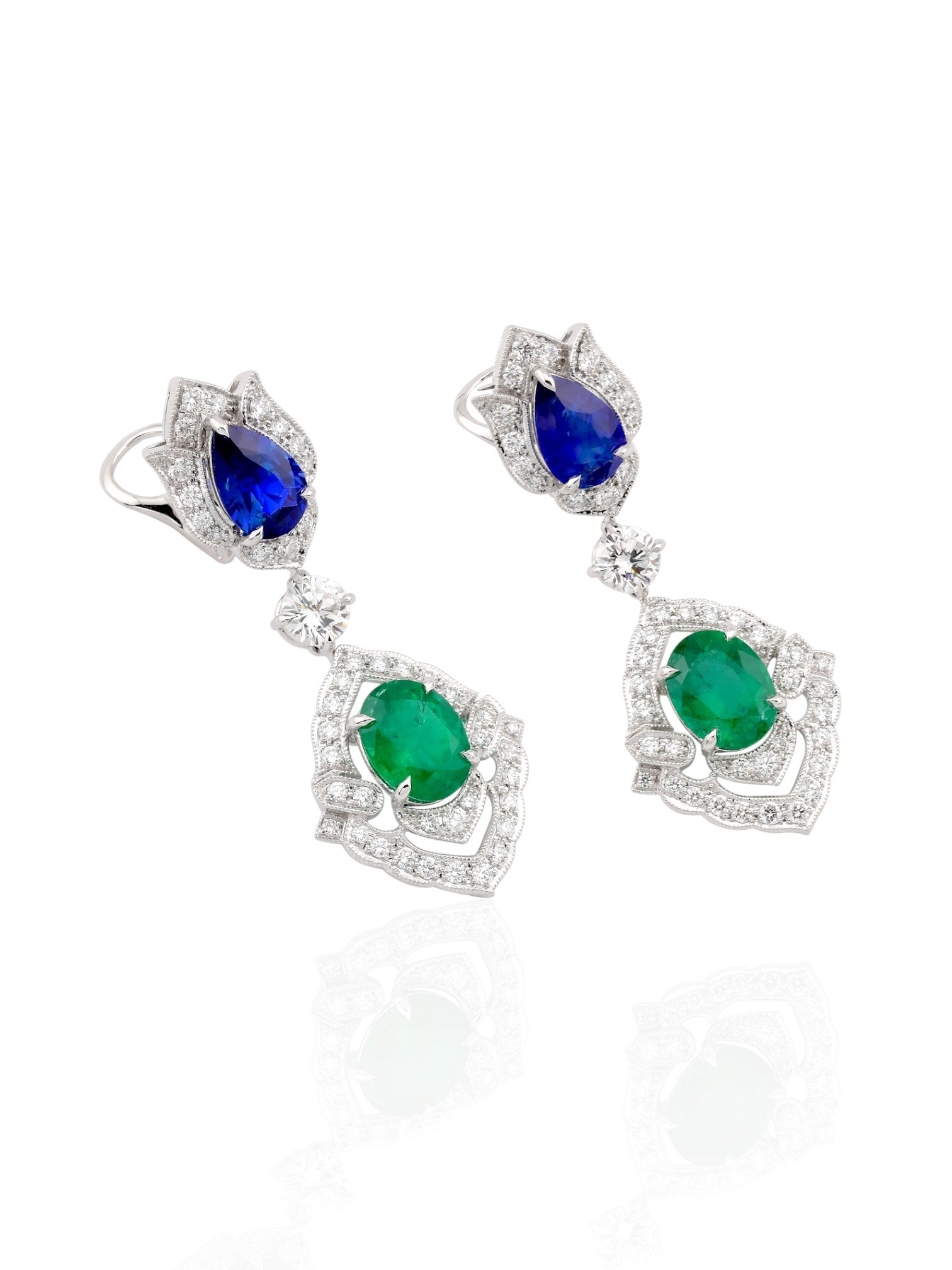 Sophia D Art Deco Sapphire, Emerald, and Diamond Drop Earrings in Platinum