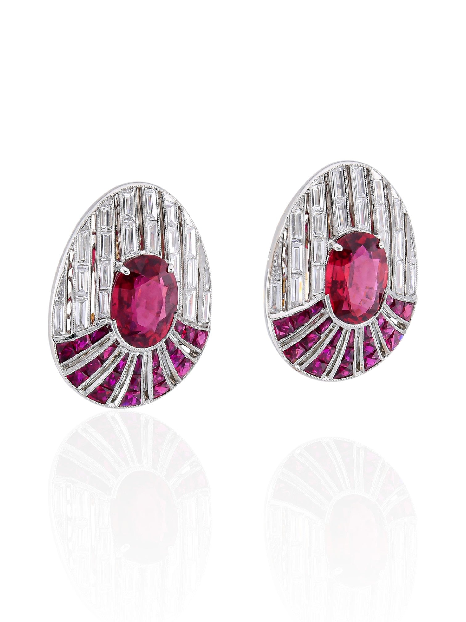 Sophia D Art Deco Ruby Sunburst Earrings Platinum and 18K Yellow Gold