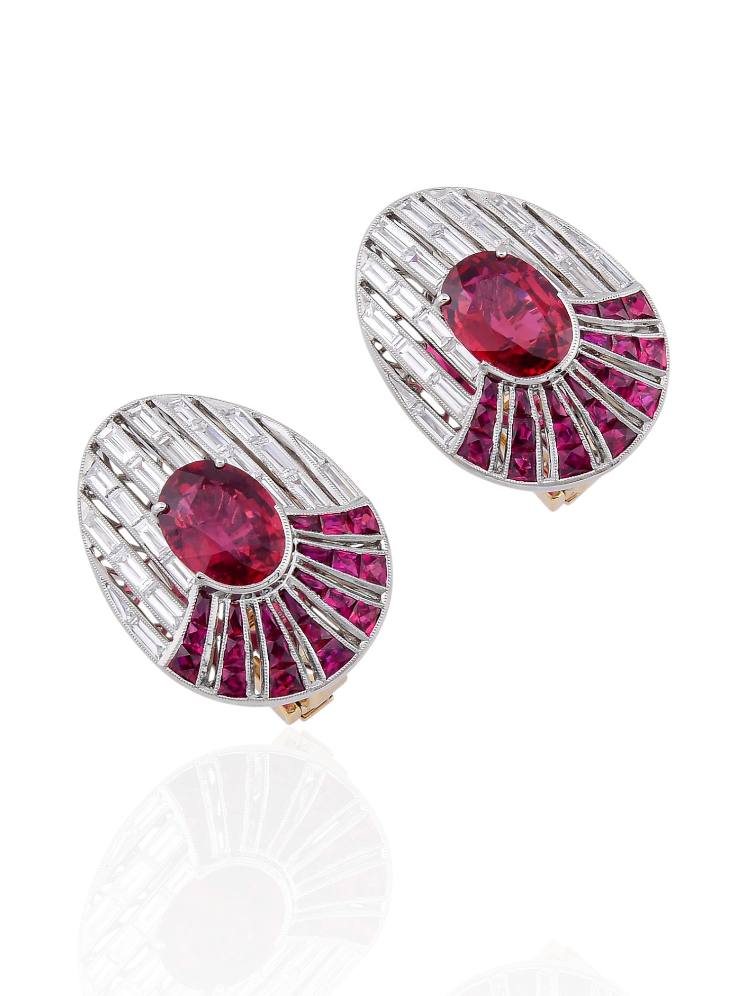 Sophia D Art Deco Ruby Sunburst Earrings Platinum and 18K Yellow Gold