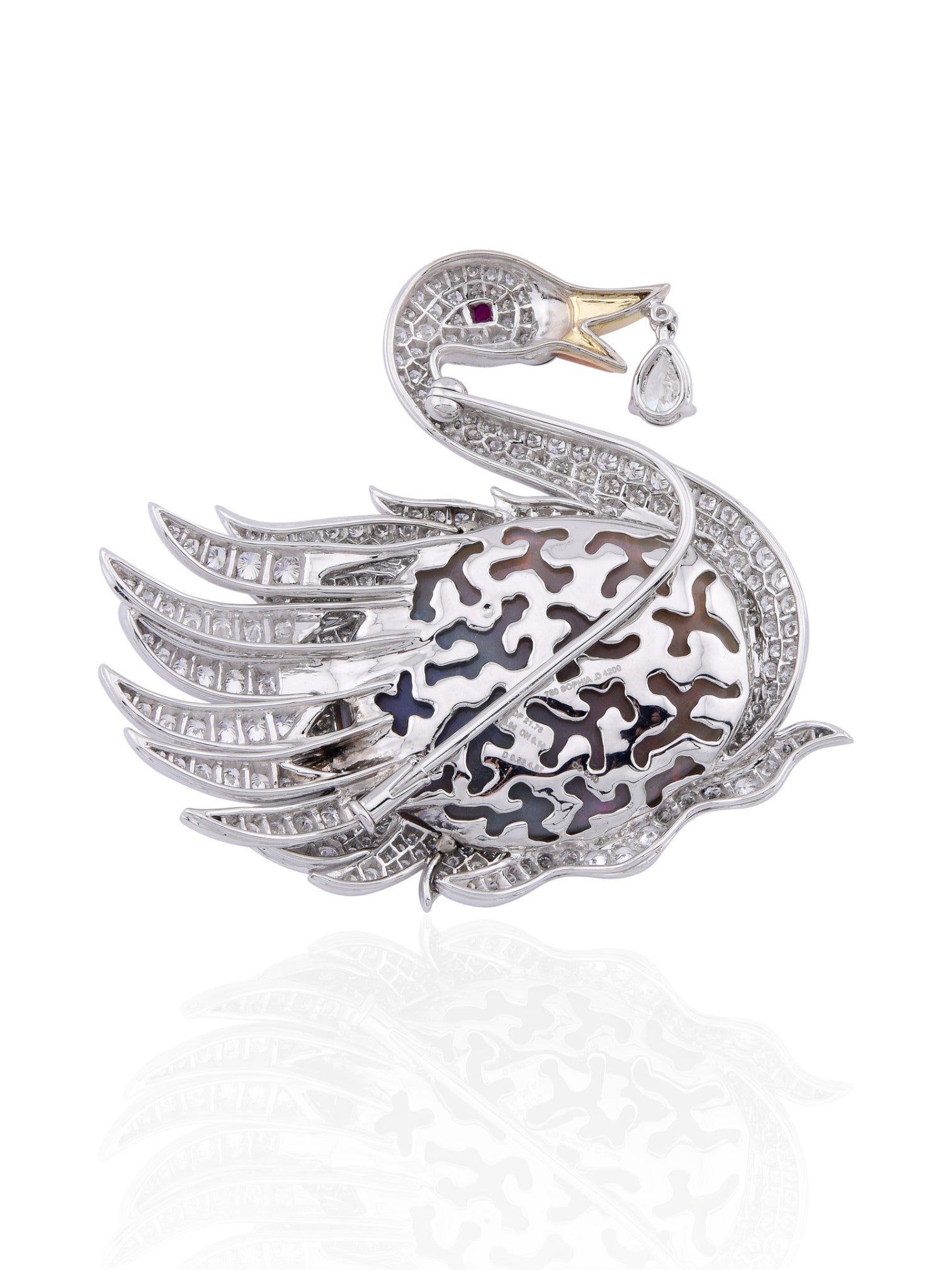 Sophia D Art Deco Opal Swan Brooch 18K White and Yellow Gold