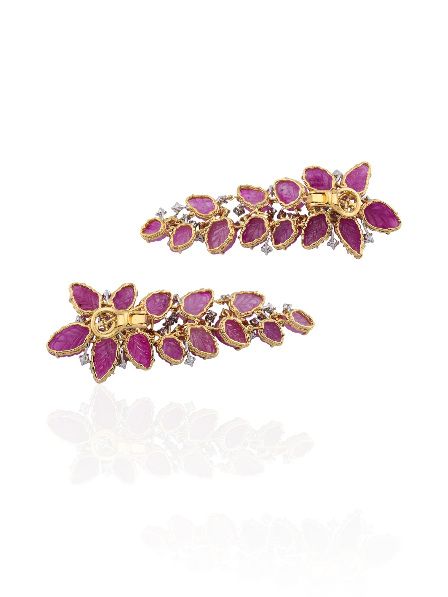 Sophia D Art Deco Carved Ruby Floral Earrings 18K Yellow Gold and Platinum