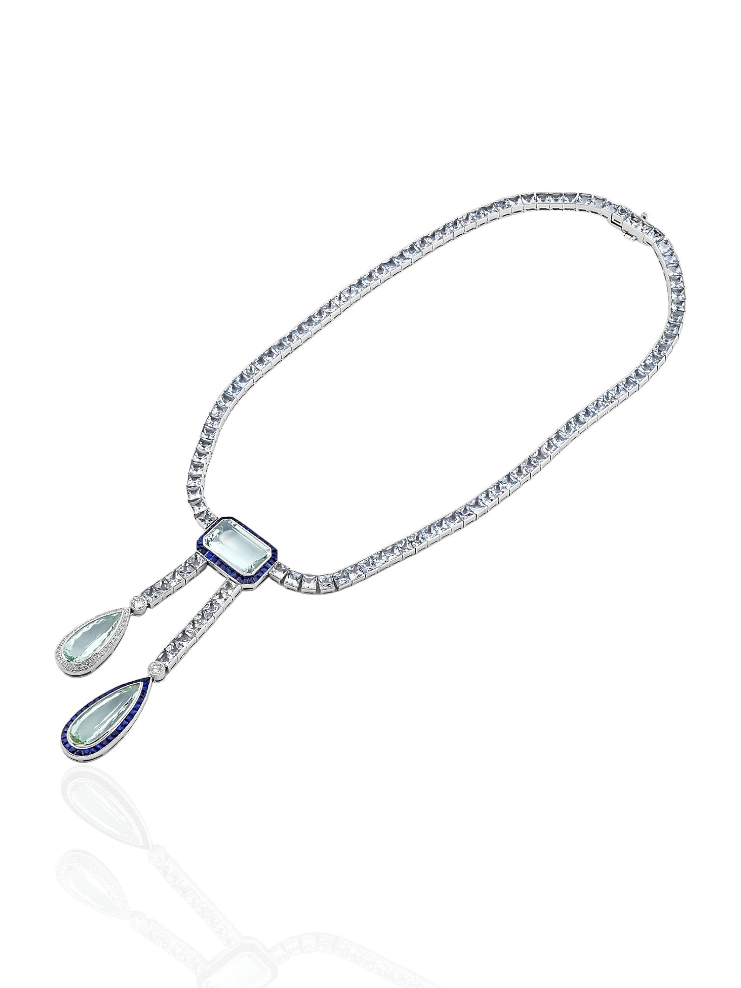 Sophia D Art Deco Aquamarine, Sapphire and Diamond Necklace in Platinum