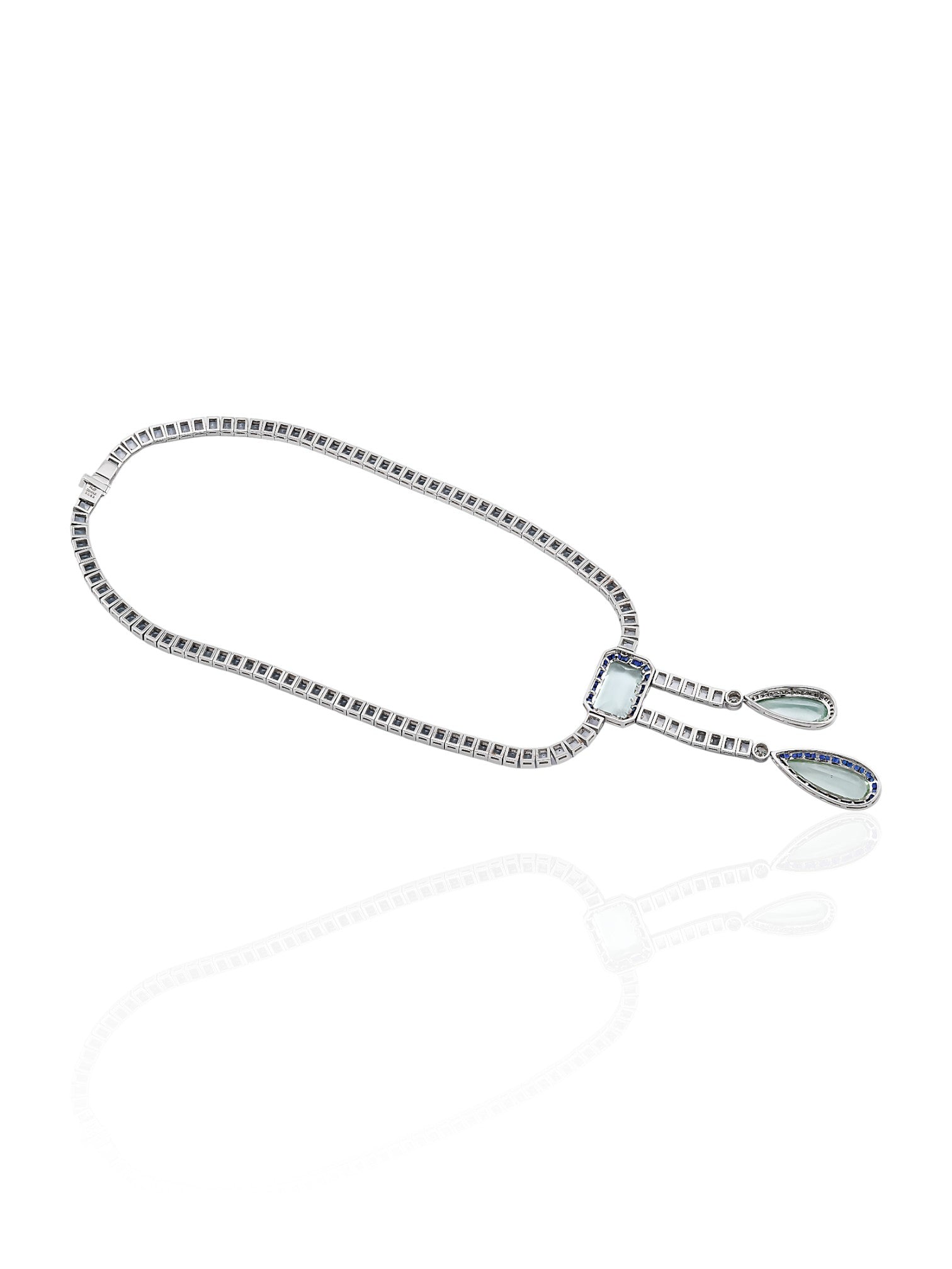 Sophia D Art Deco Aquamarine, Sapphire and Diamond Necklace in Platinum