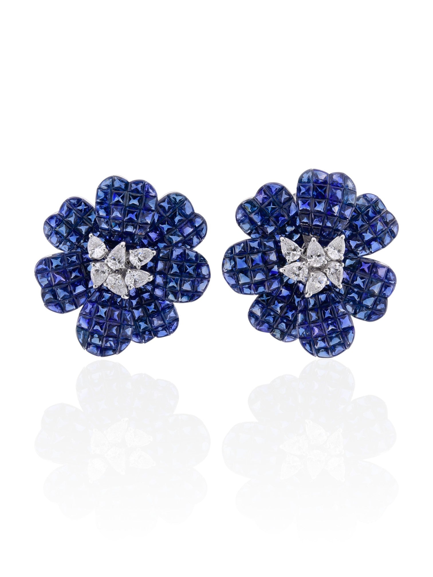Sophia D Invisible-Set Sapphire & Diamond Floral Earrings in 18K White Gold
