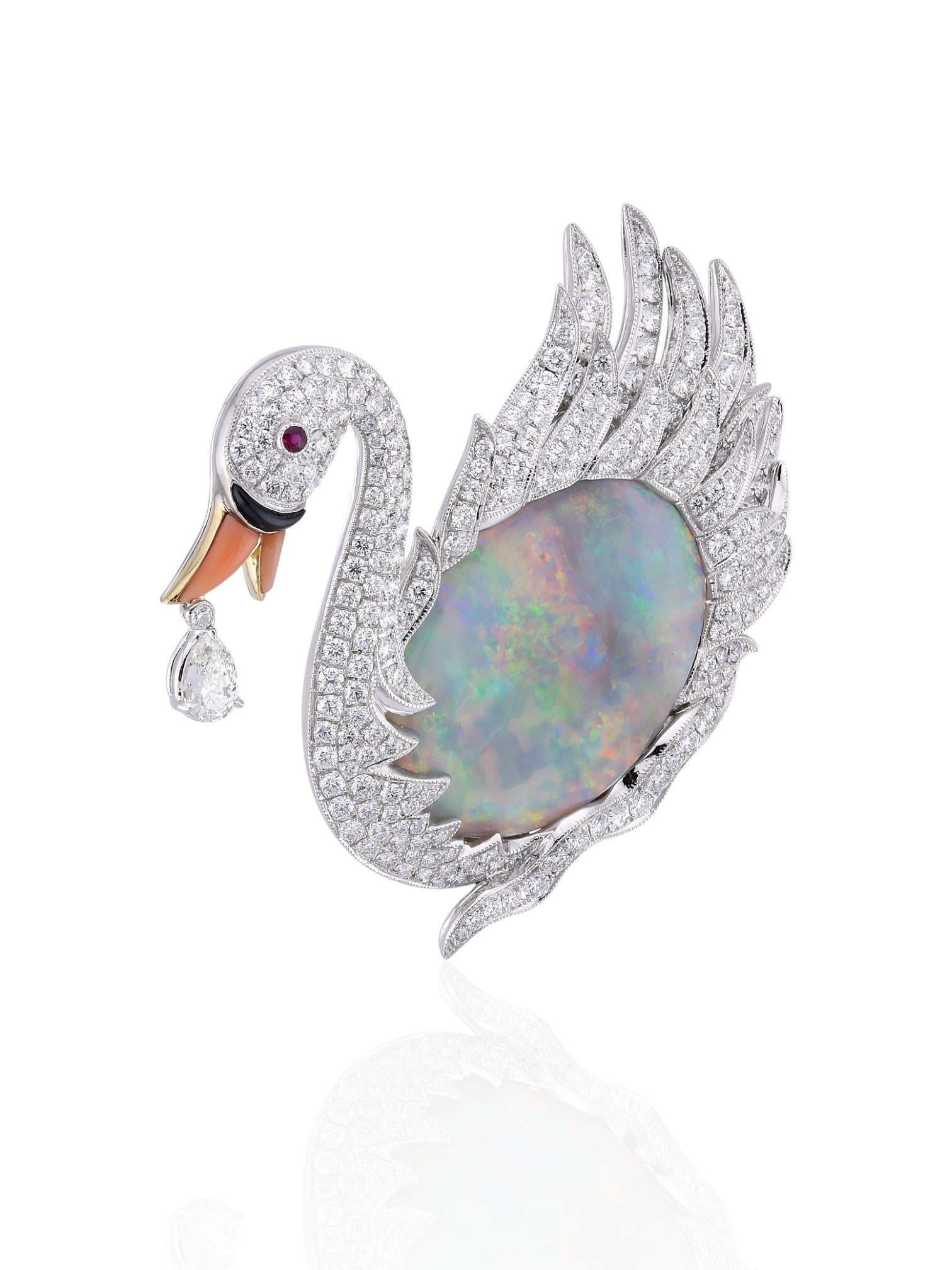 Sophia D Art Deco Opal Swan Brooch 18K White and Yellow Gold