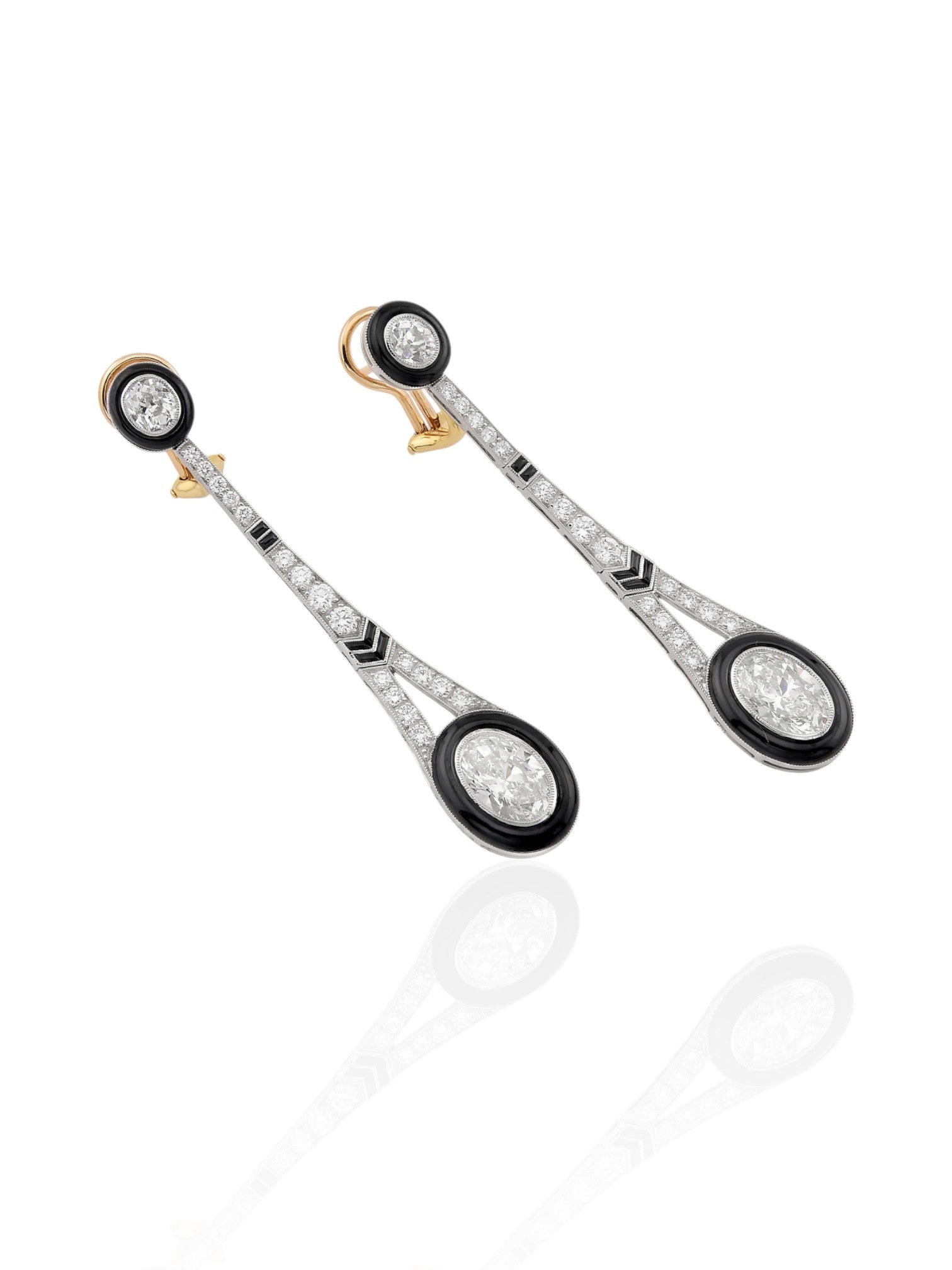 Sophia D Art Deco Onyx and Oval Diamond Drop Earrings Platinum and 18K Yellow Gold