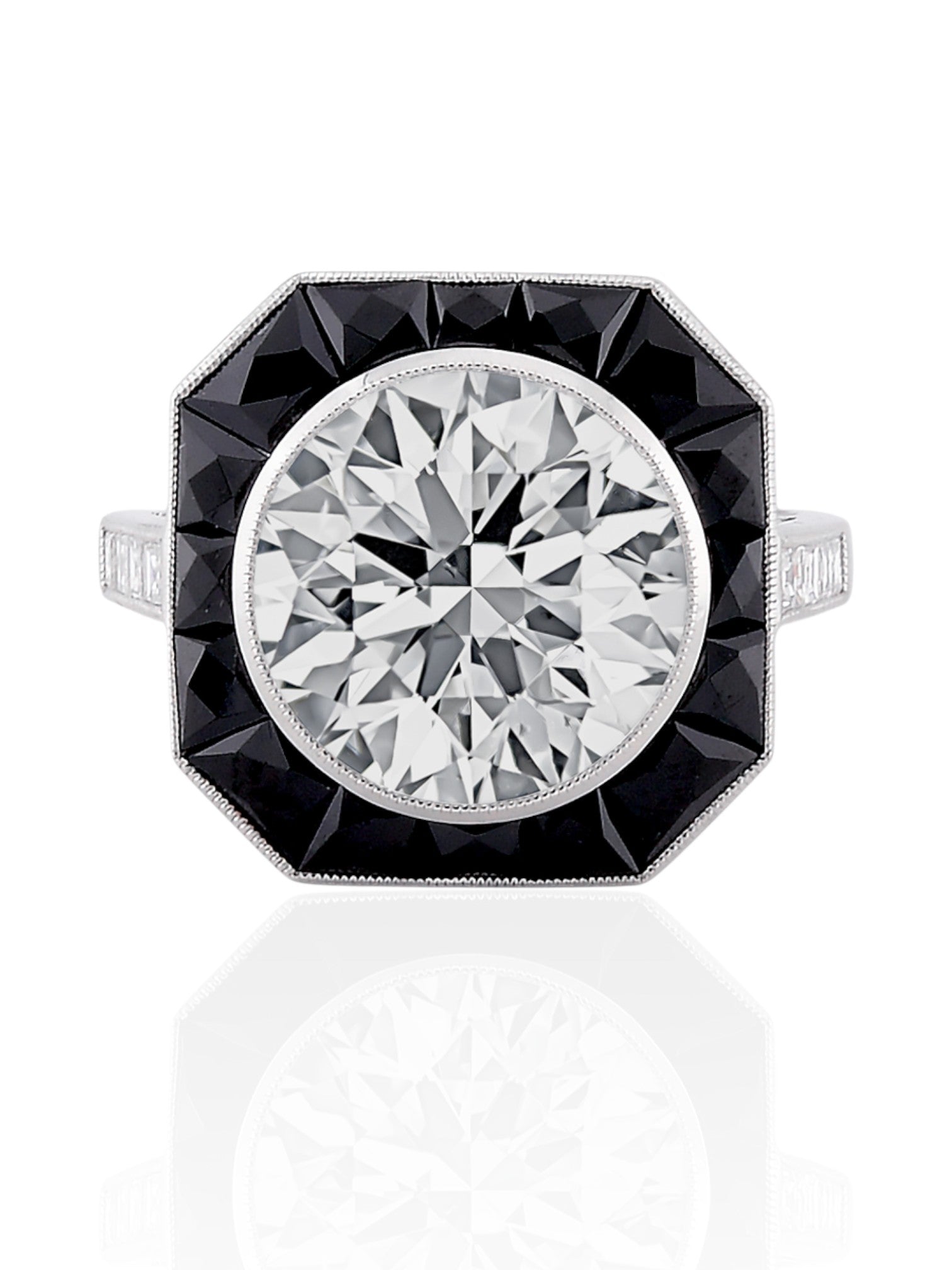 Sophia D Art Deco Mosaic Onyx and Round Diamond Ring Platinum