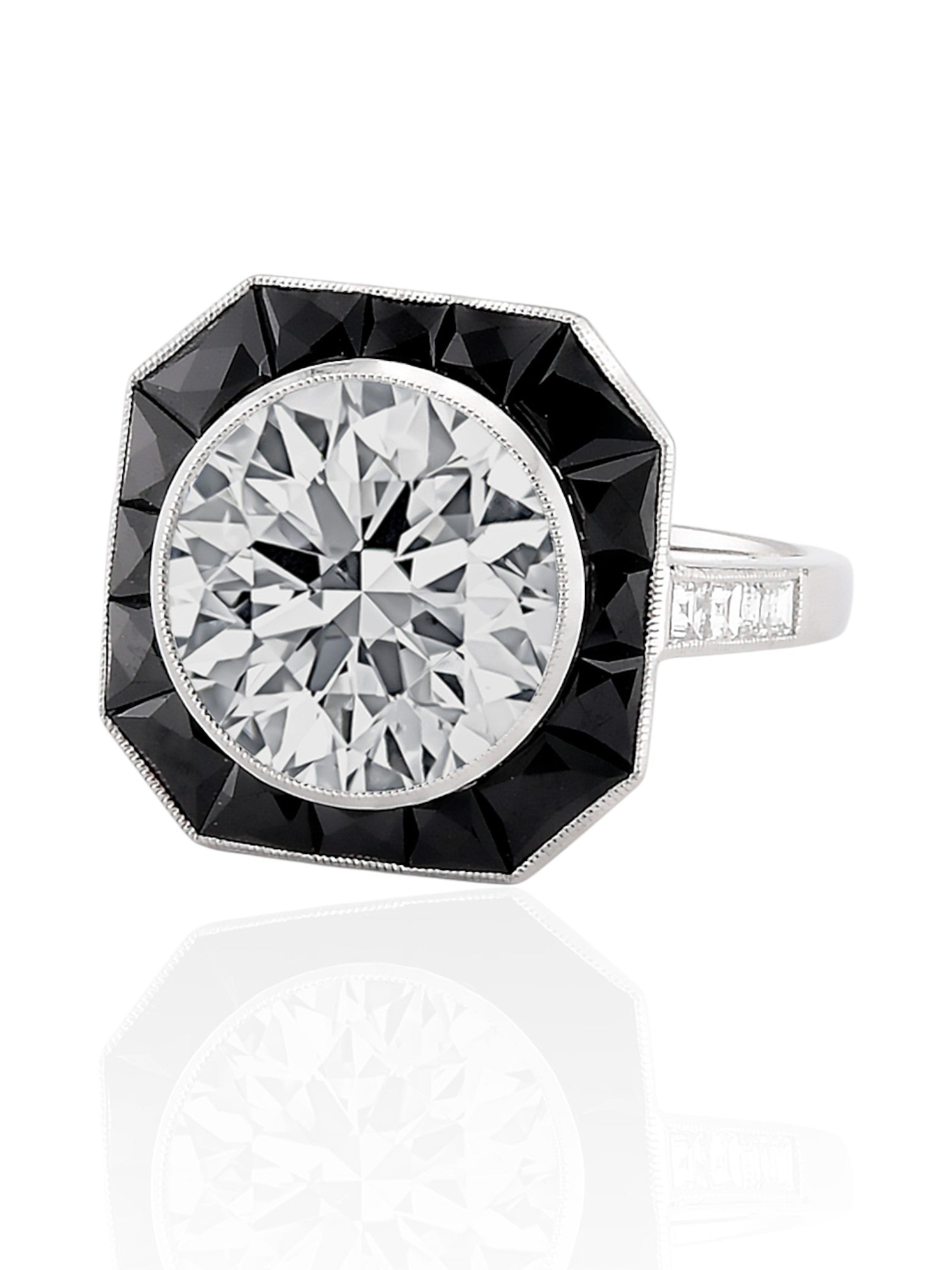 Sophia D Art Deco Mosaic Onyx and Round Diamond Ring Platinum