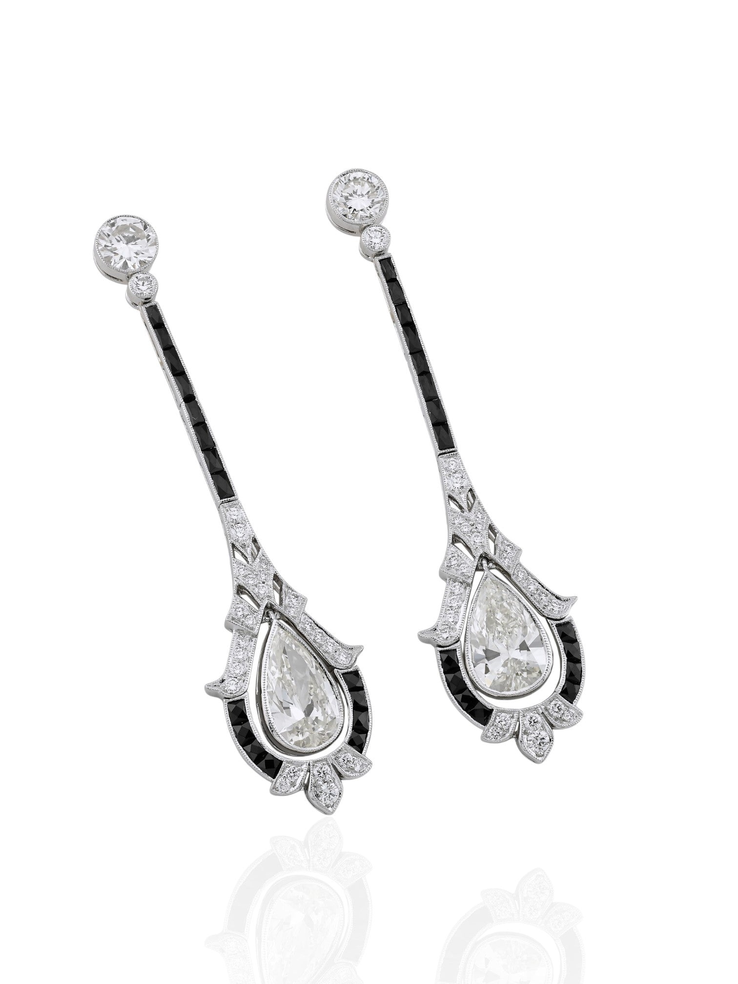 Sophia D Art Deco Pear Shape Diamond and Onyx Drop Earrings Platinum & 18K Yellow Gold