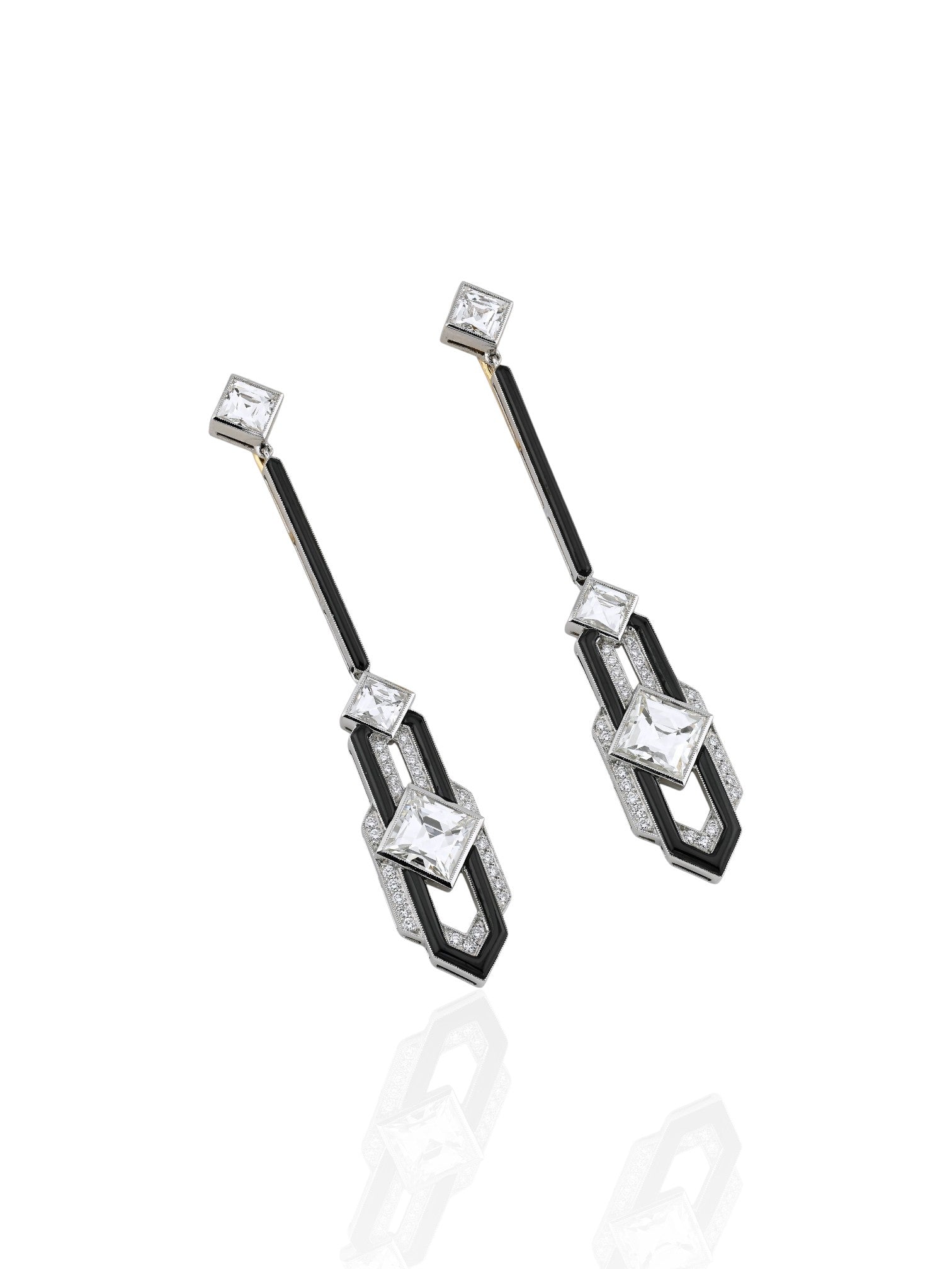 Sophia D Art Deco Square Cut Diamond and Onyx Drop Earrings Platinum & 18K Yellow Gold