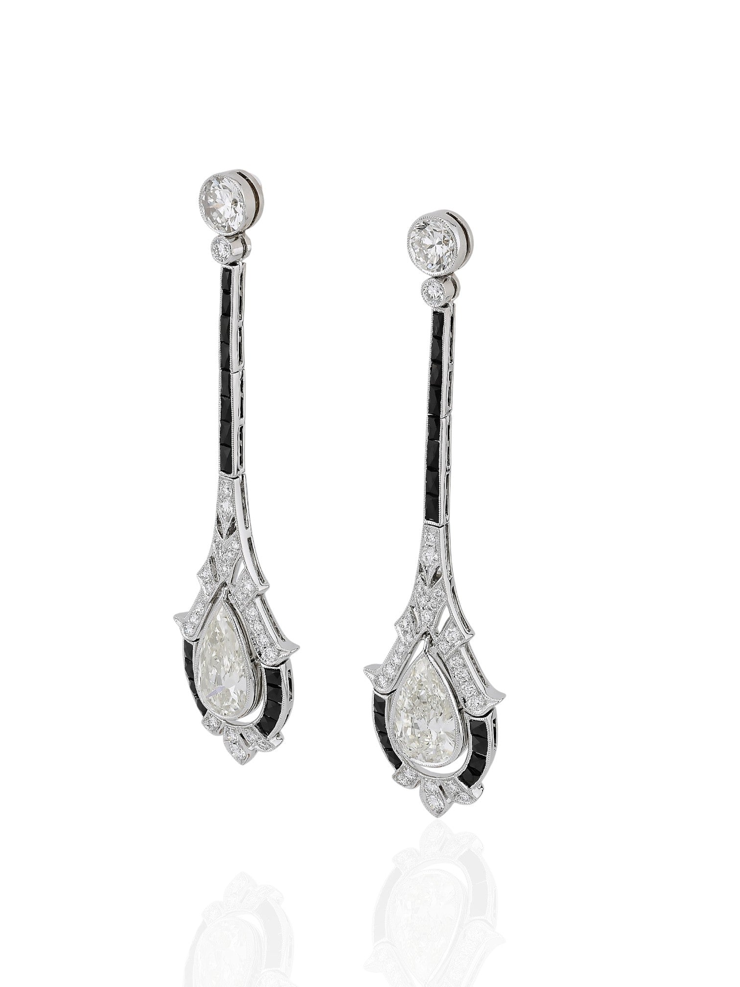 Sophia D Art Deco Pear Shape Diamond and Onyx Drop Earrings Platinum & 18K Yellow Gold