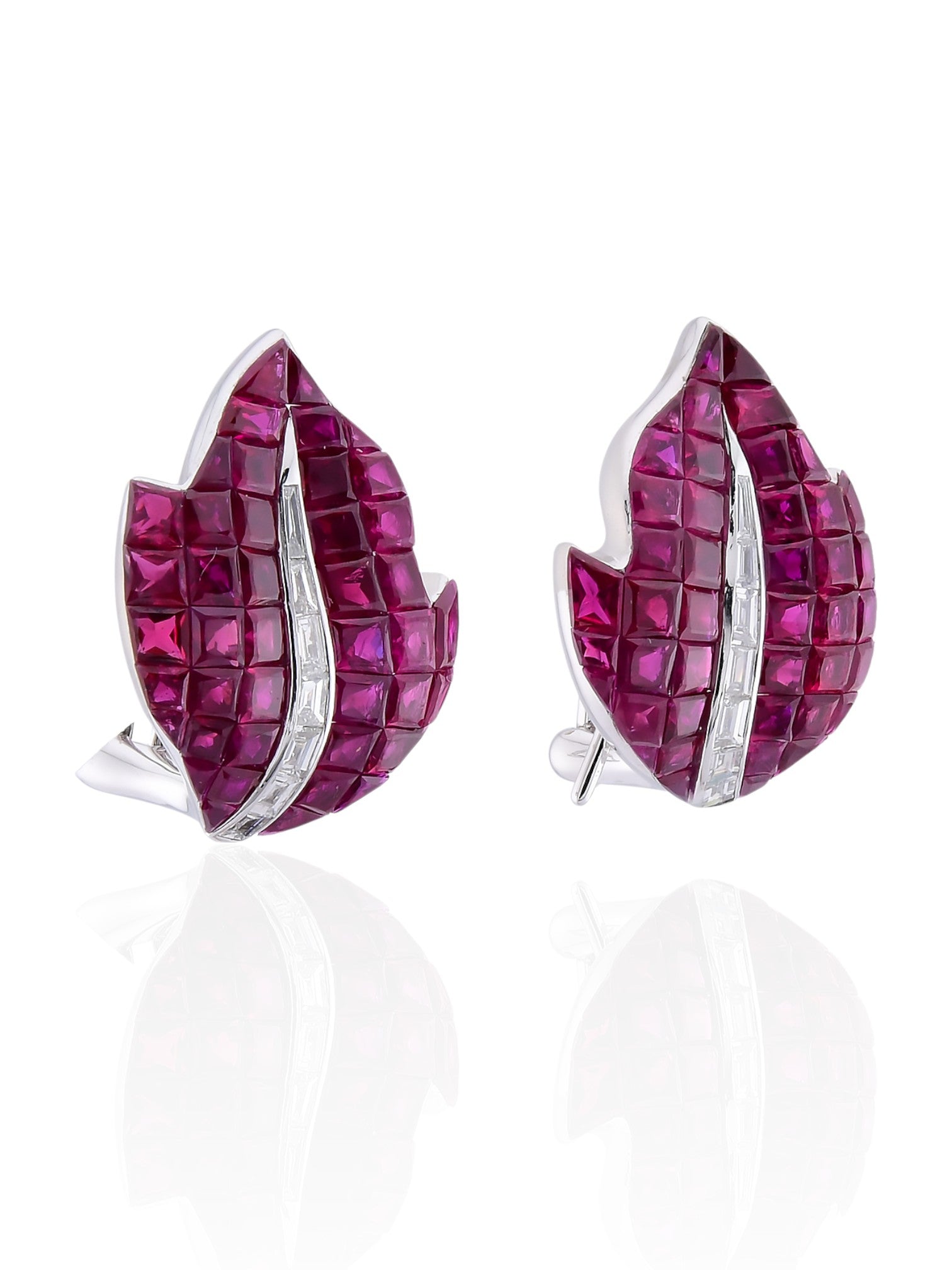 Sophia D Invisible-Set Ruby & Diamond Leaf Earrings in 18K White Gold