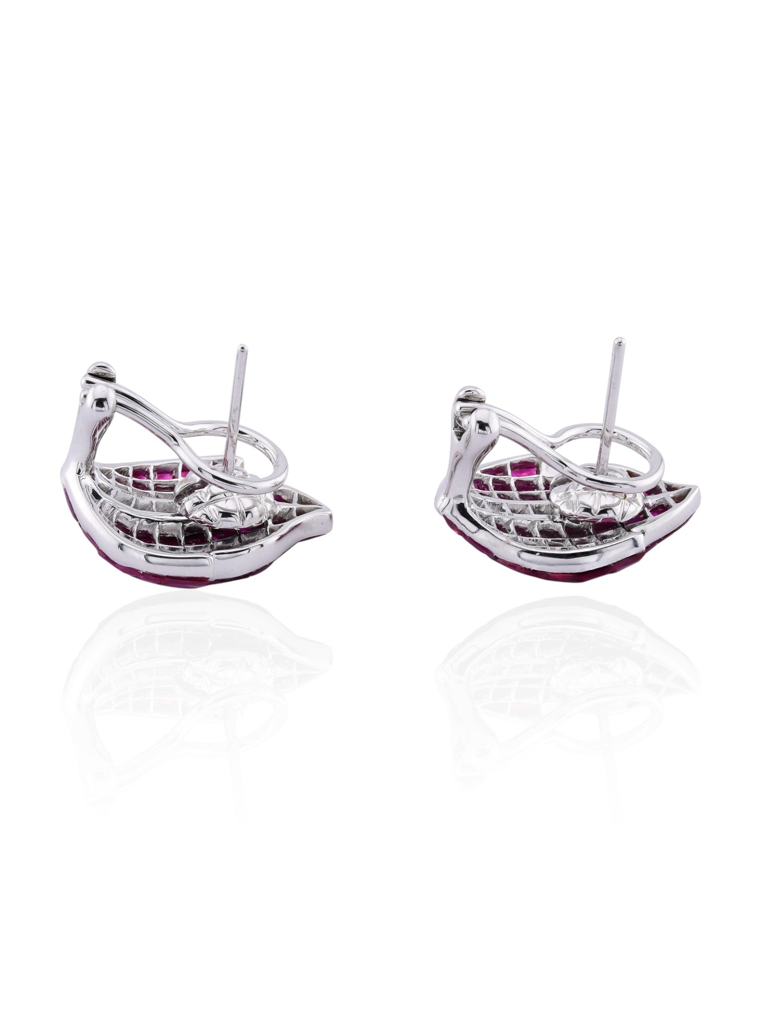 Sophia D Invisible-Set Ruby & Diamond Leaf Earrings in 18K White Gold