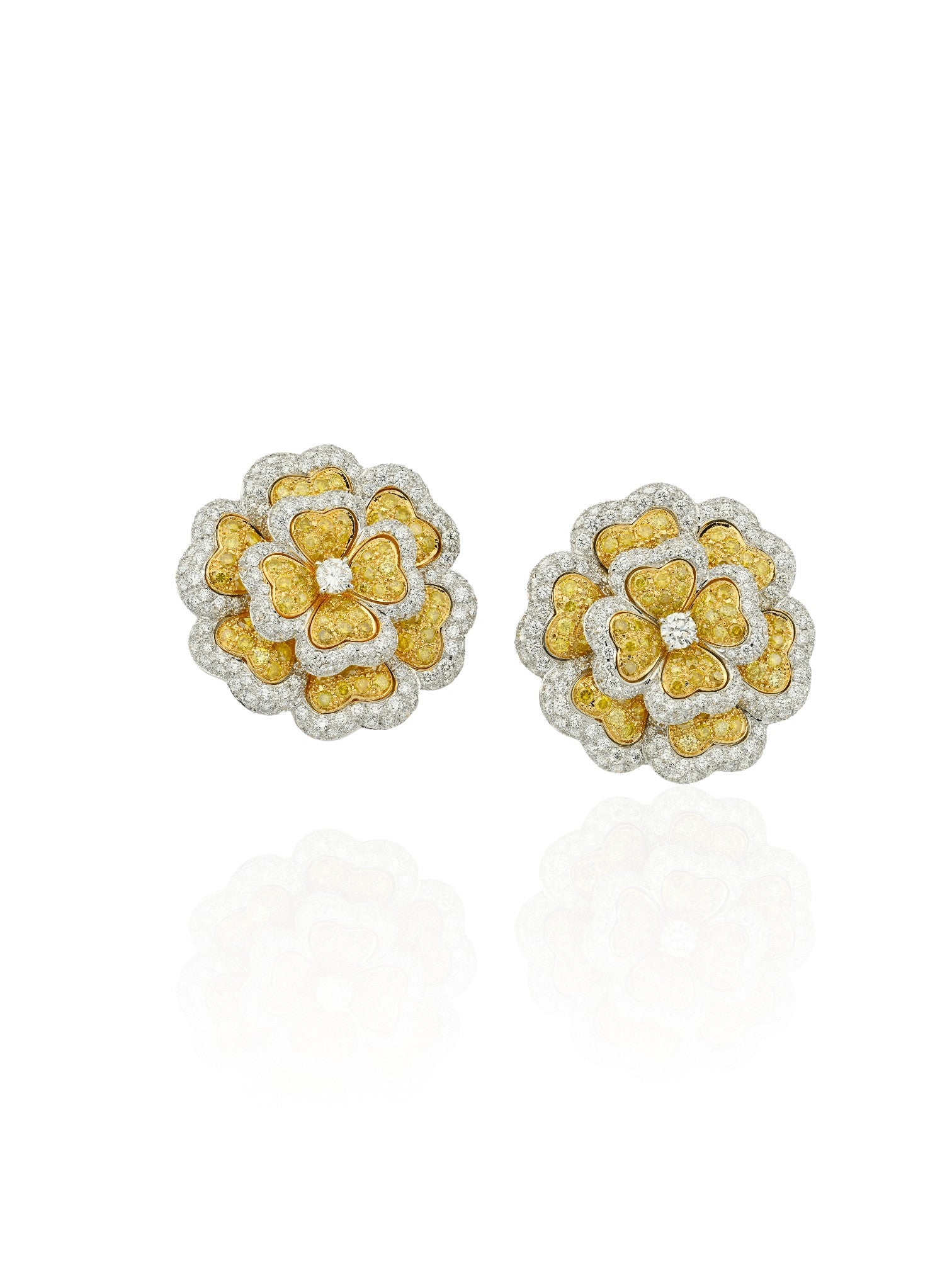 Sophia D Yellow and White Diamond Floral Earrings Platinum and 18K Yellow Gold