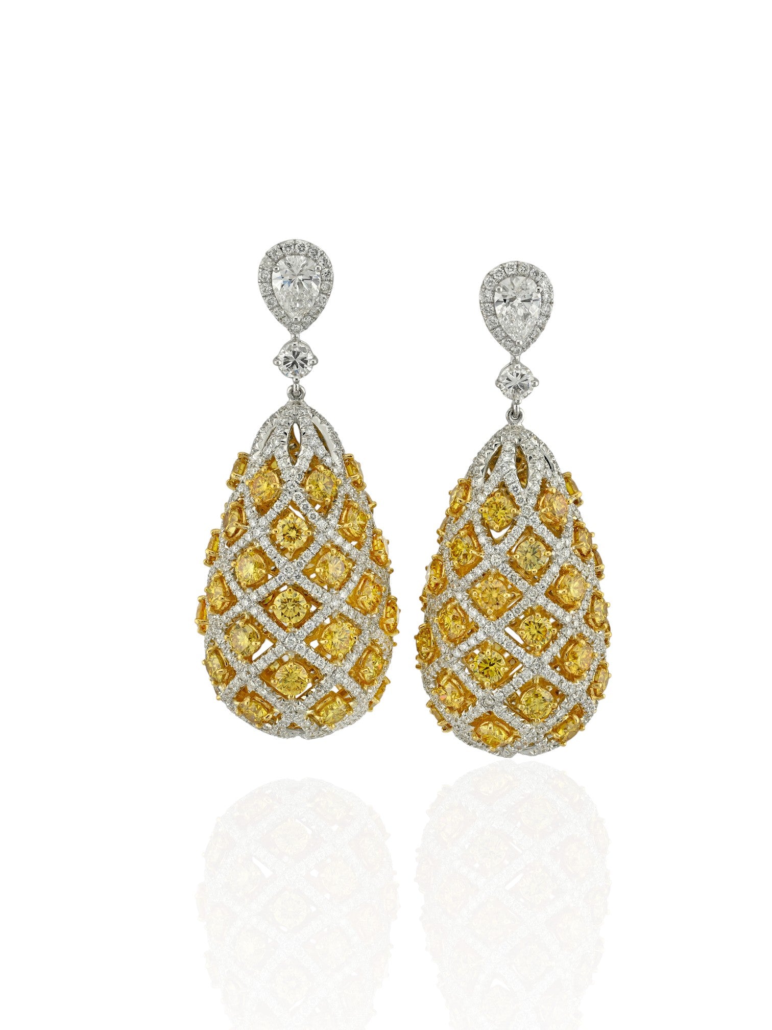Sophia D Art Deco Yellow and White Diamond Drop Earrings Platinum and 18K Yellow Gold