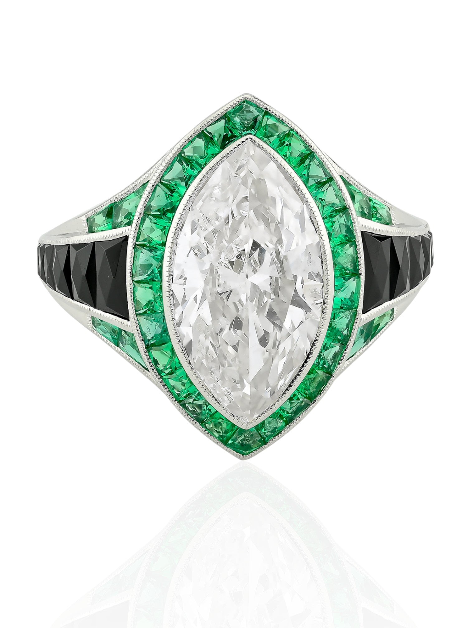 Sophia D Art Deco Marquise Diamond, Emerald, and Onyx Ring in Platinum