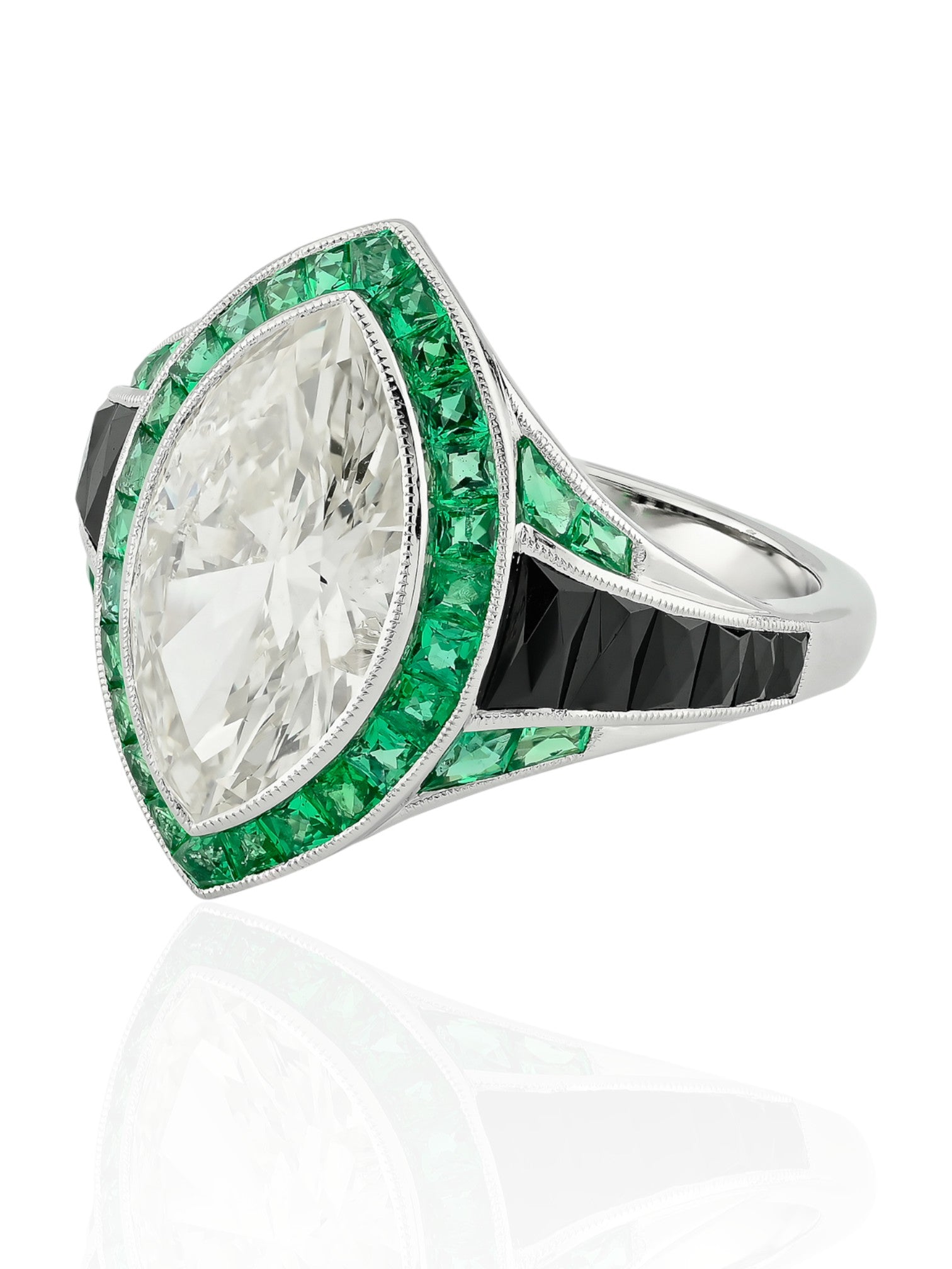 Sophia D Art Deco Marquise Diamond, Emerald, and Onyx Ring in Platinum
