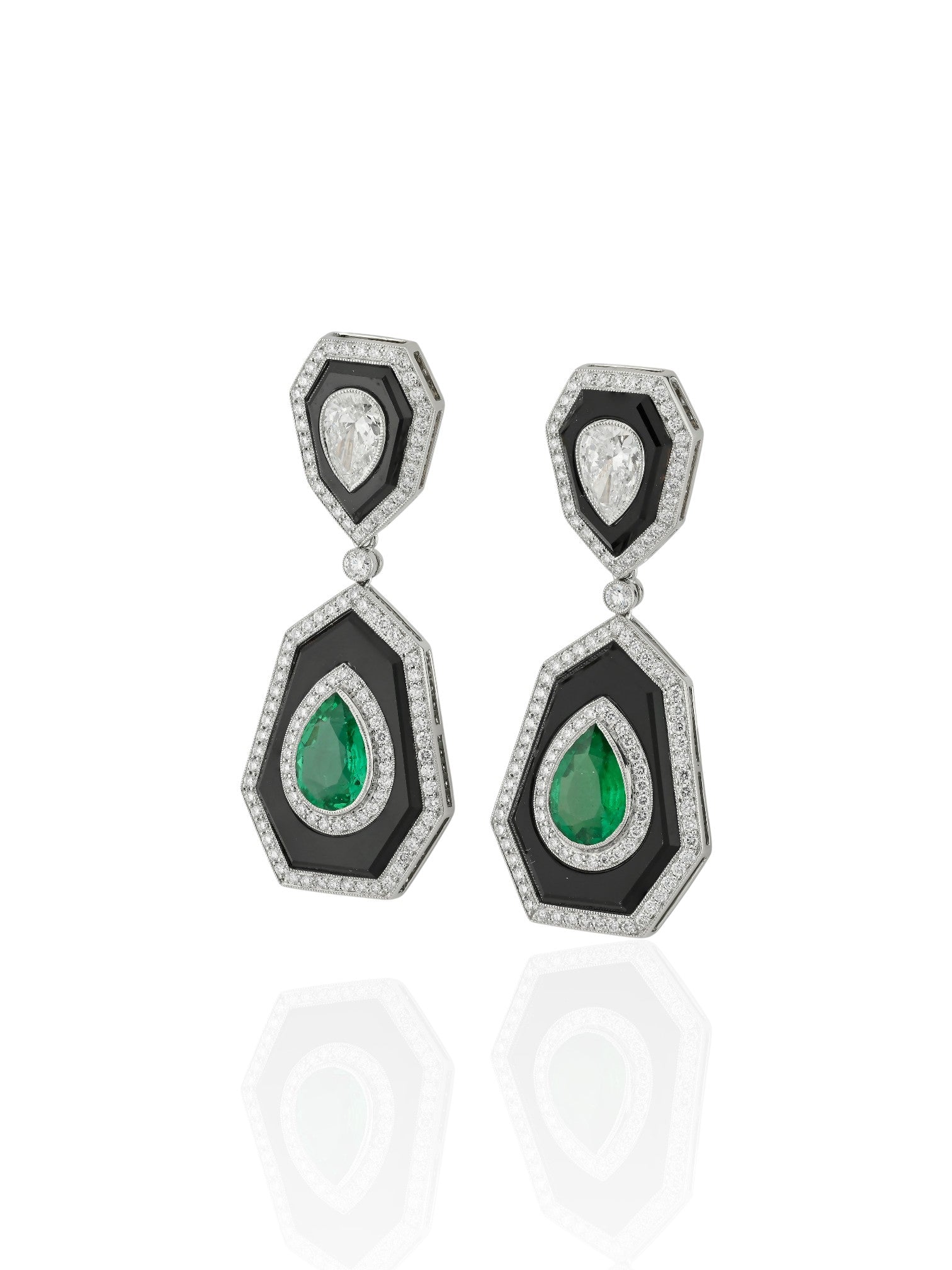 Sophia D Art Deco Emerald Diamond and Onyx Drop Earrings Platinum and 18K Yellow Gold