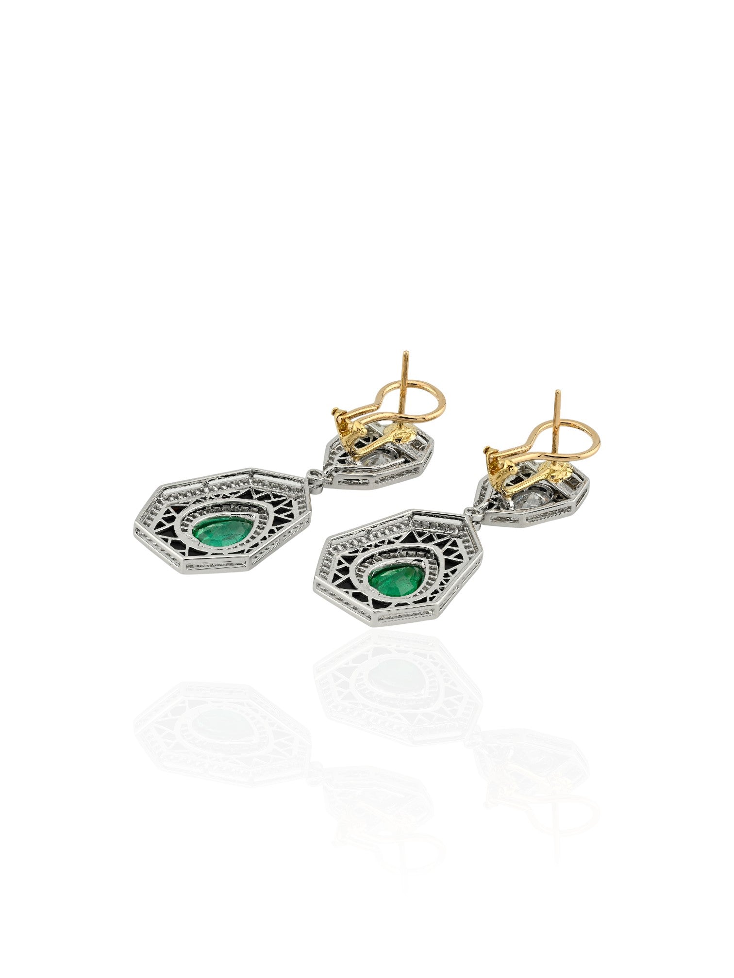 Sophia D Art Deco Emerald Diamond and Onyx Drop Earrings Platinum and 18K Yellow Gold