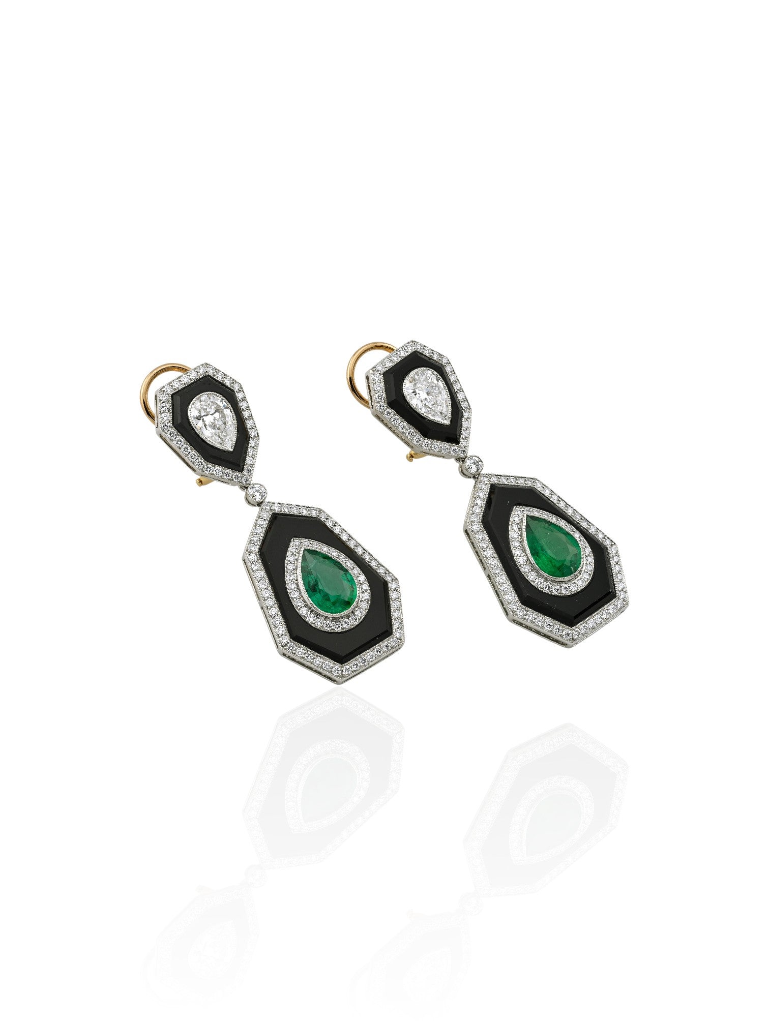 Sophia D Art Deco Emerald Diamond and Onyx Drop Earrings Platinum and 18K Yellow Gold