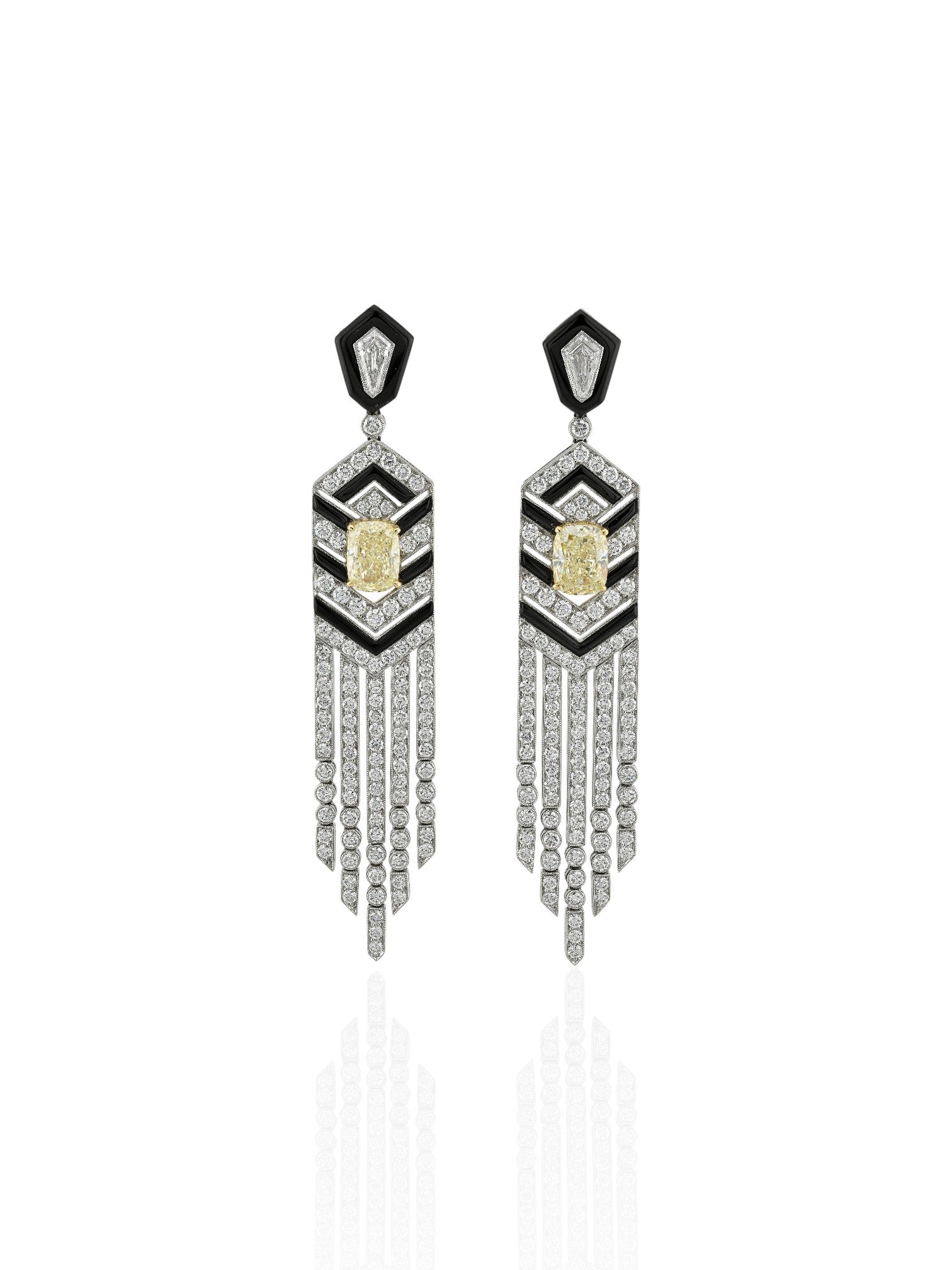 Sophia D Art Deco Yellow and White Diamond Onyx Fringe Earrings Platinum and 18K Yellow Gold