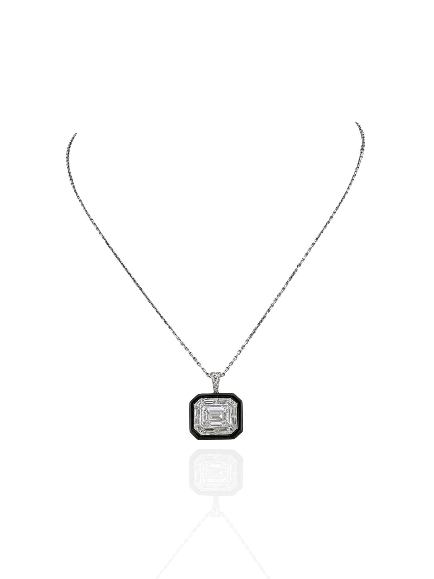 Sophia D Art Deco Emerald Cut Diamond and Onyx Pendant Necklace Platinum