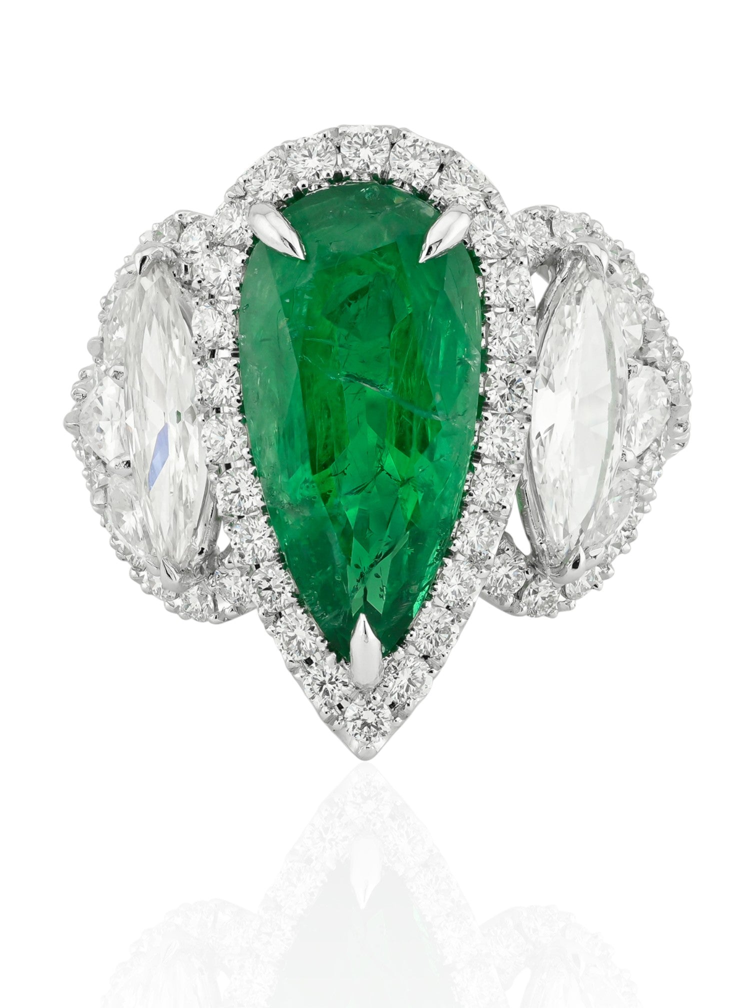 Sophia D Art Deco Pear-Shaped Emerald and Diamond Platinum Ring
