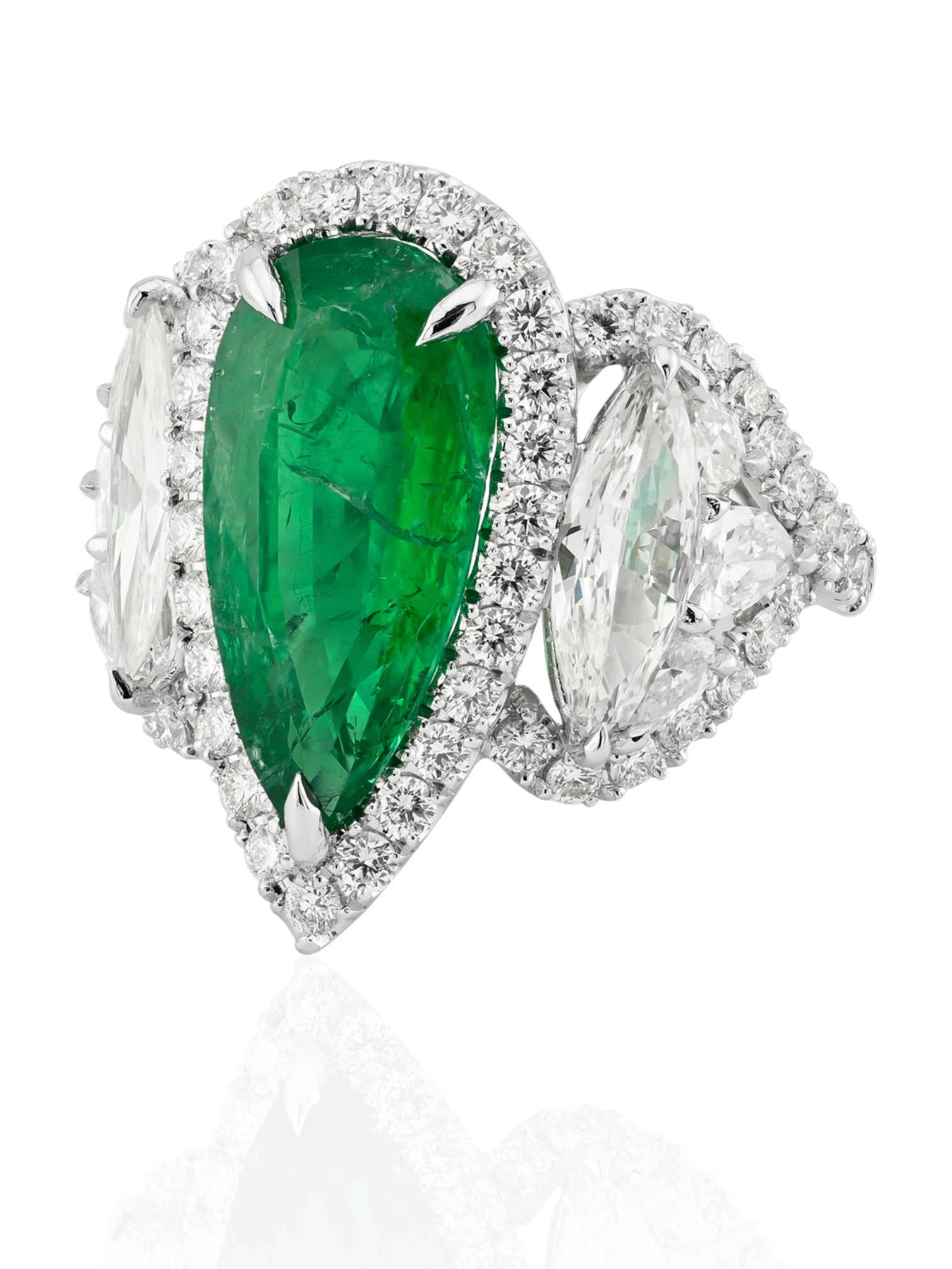 Sophia D Art Deco Pear-Shaped Emerald and Diamond Platinum Ring