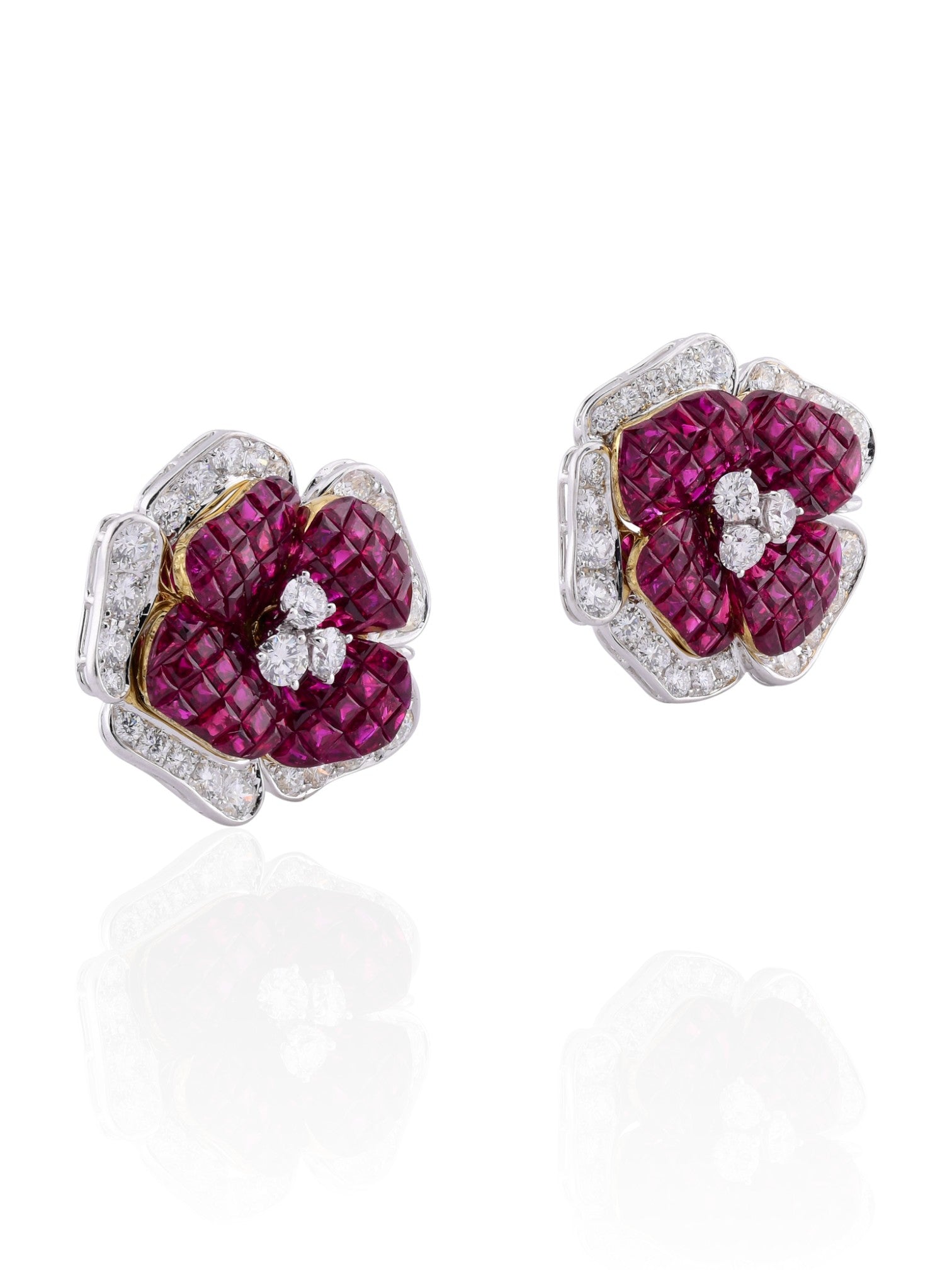 Sophia D Invisible-Set Ruby & Diamond Floral Earrings in 18K White Gold