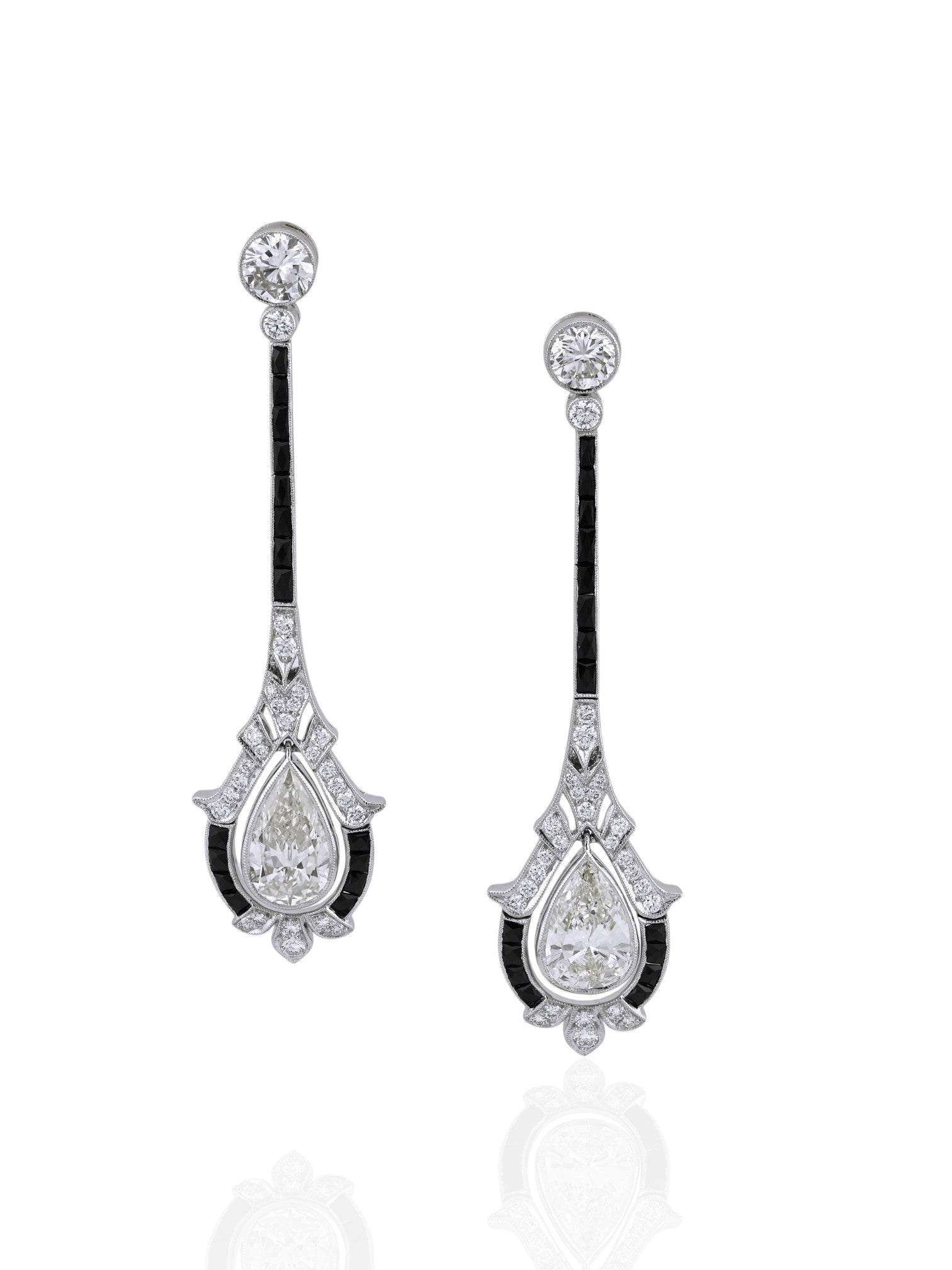 Sophia D Art Deco Pear Shape Diamond and Onyx Drop Earrings Platinum & 18K Yellow Gold