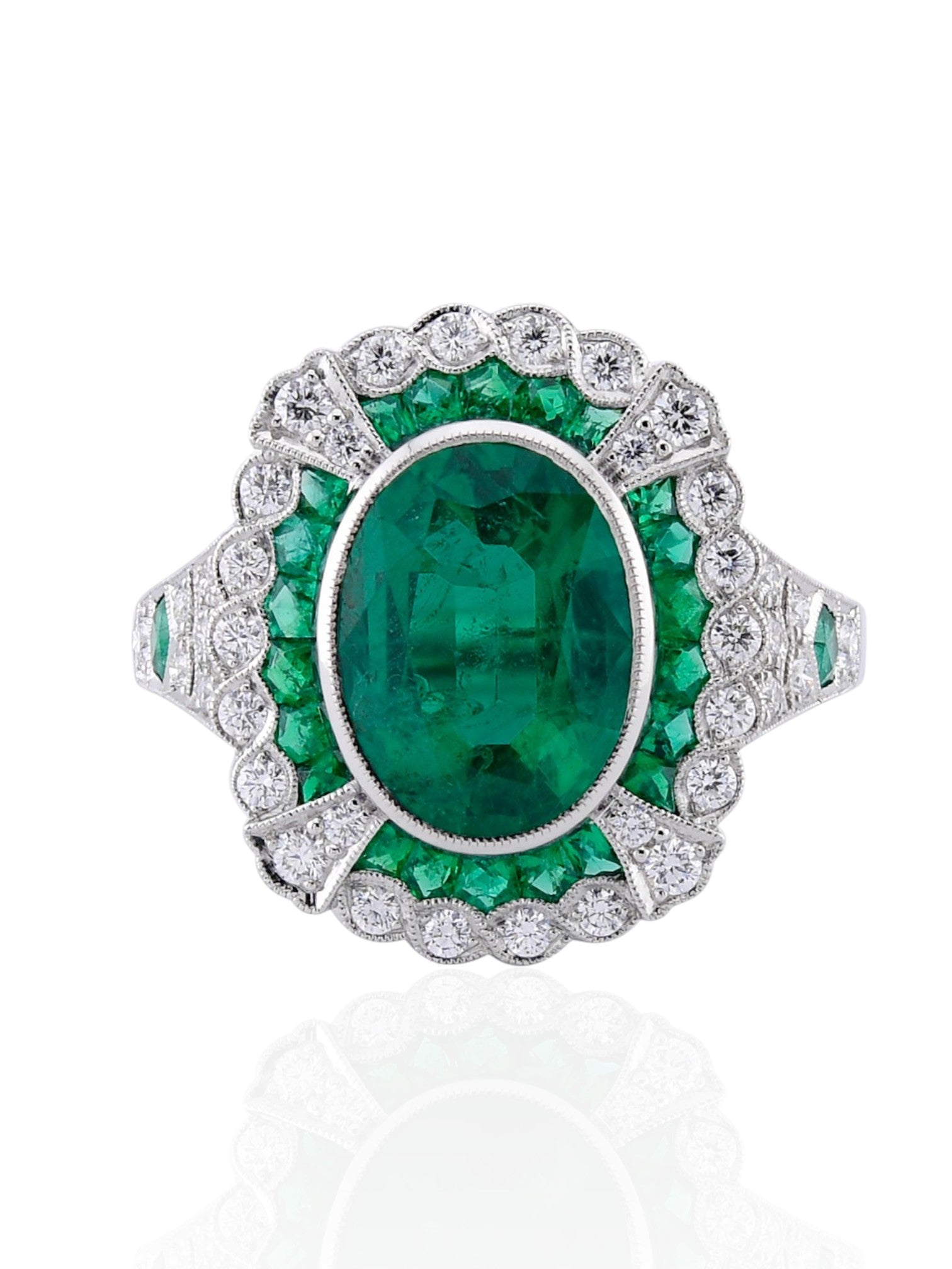 Sophia D Art Deco Emerald Halo Ring in Platinum