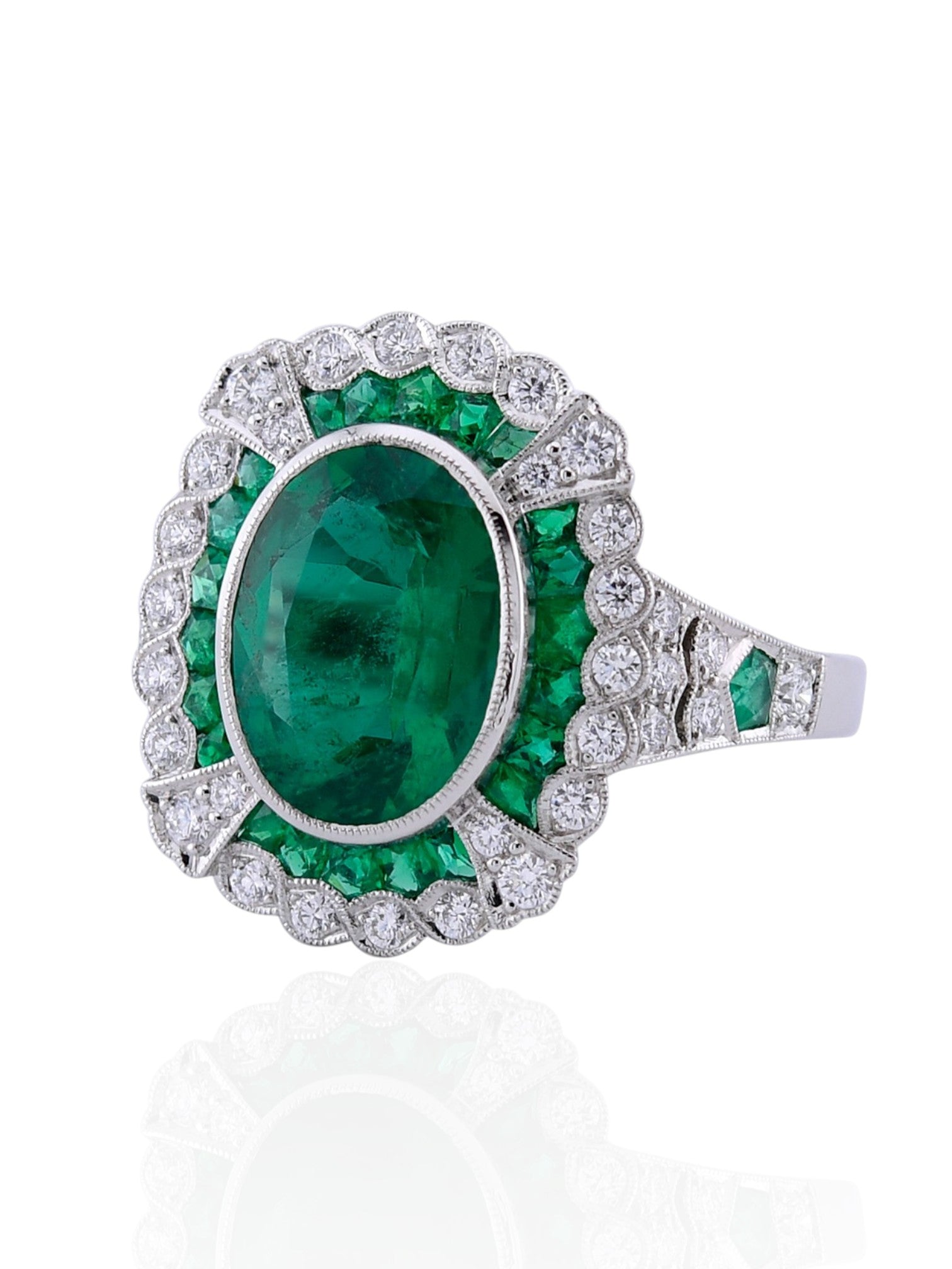 Sophia D Art Deco Emerald Halo Ring in Platinum
