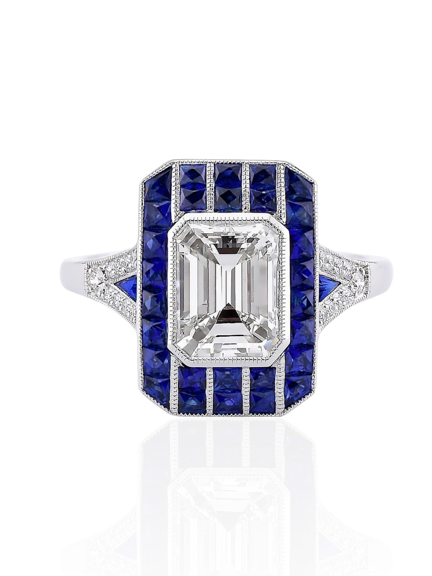Sophia D Art Deco Emerald-Cut Diamond and Sapphire Mosaic Ring in Platinum