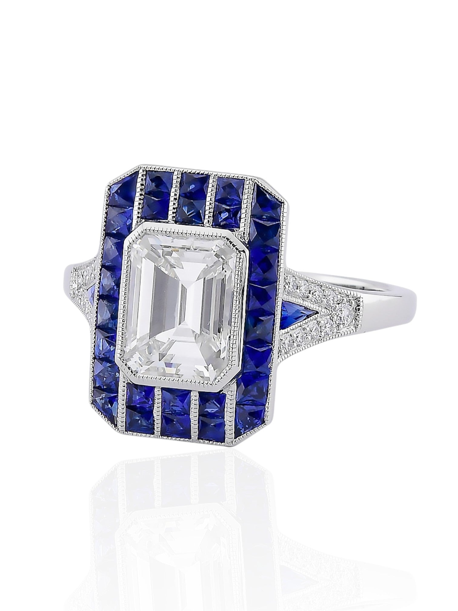 Sophia D Art Deco Emerald-Cut Diamond and Sapphire Mosaic Ring in Platinum