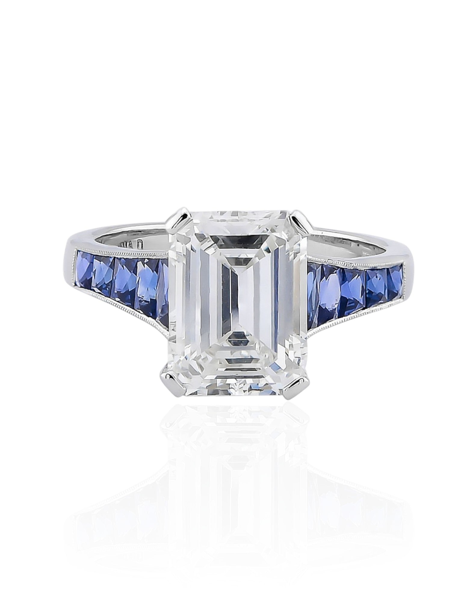 Sophia D Emerald-Cut Diamond and Sapphire Ring in Platinum