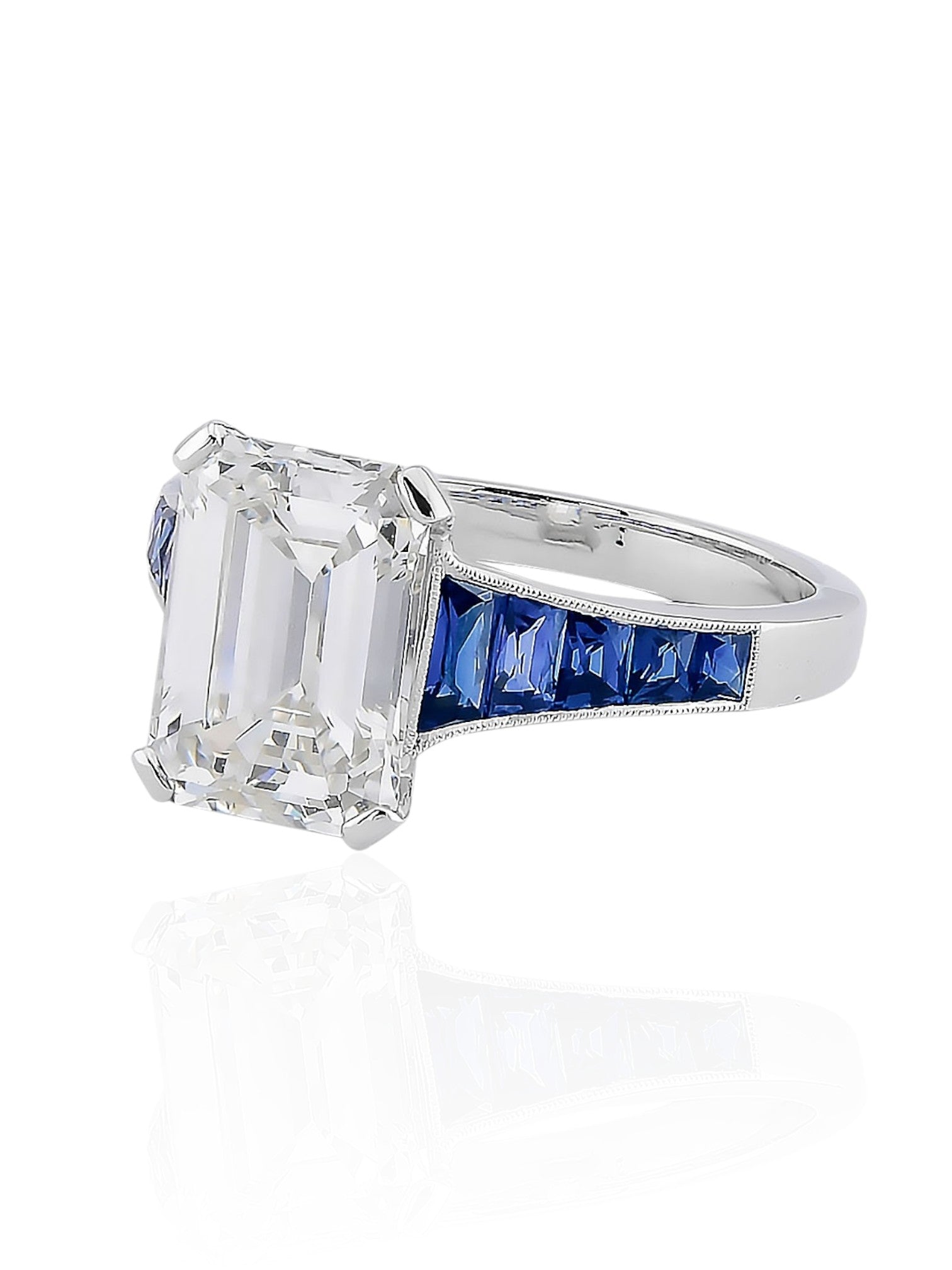 Sophia D Emerald-Cut Diamond and Sapphire Ring in Platinum