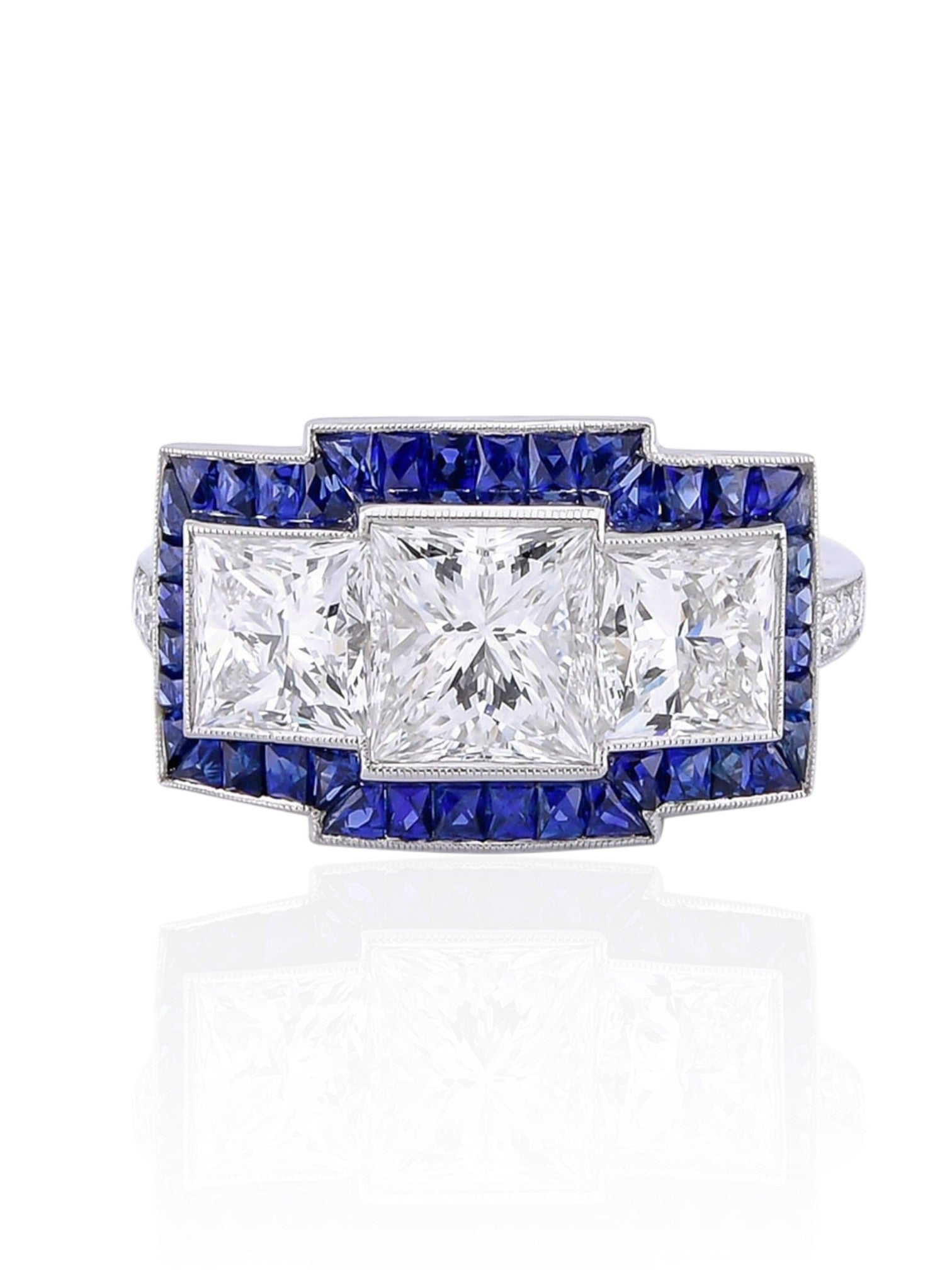 Sophia D Art Deco Three-Stone Diamond and Sapphire Ring in Platinum